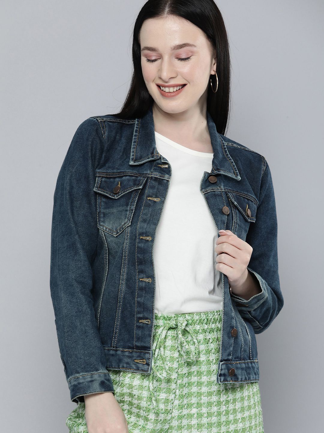 HERE&NOW Women Navy Blue Washed Denim Jacket Price in India