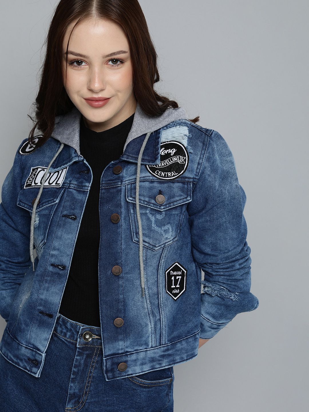 HERE&NOW Women Blue Washed Hooded Denim Jacket Price in India