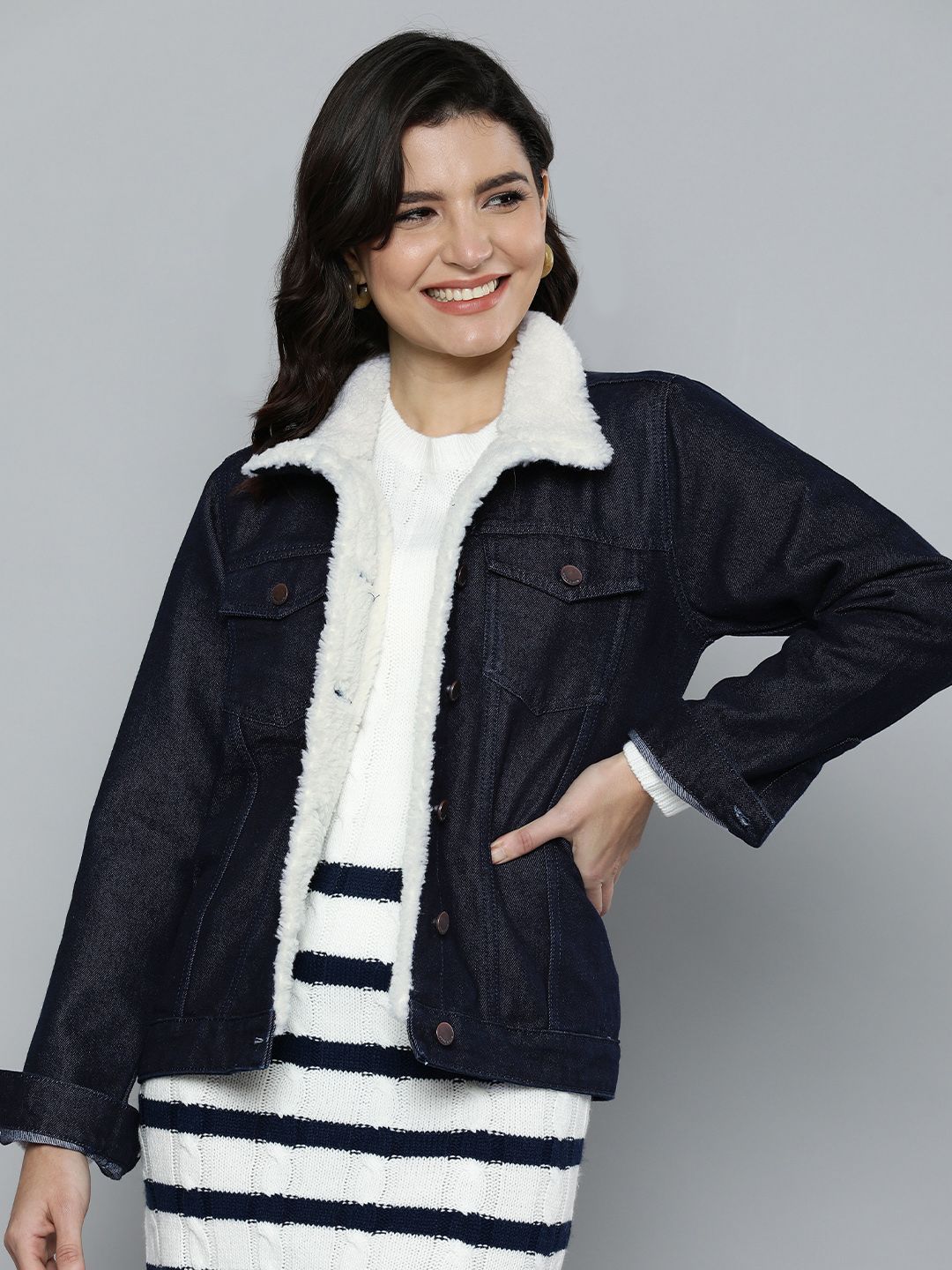 HERE&NOW Women Navy Blue Denim Jacket with Sherpa Detail Price in India