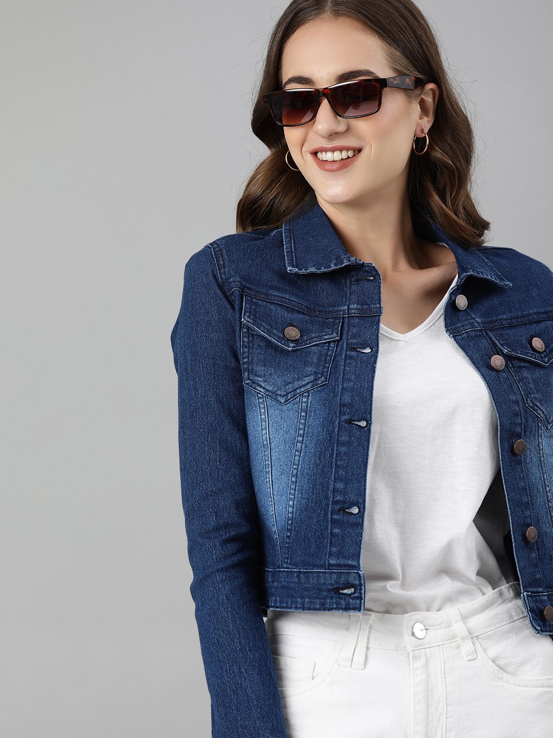 HERE&NOW Women Blue Washed Crop Denim Jacket Price in India