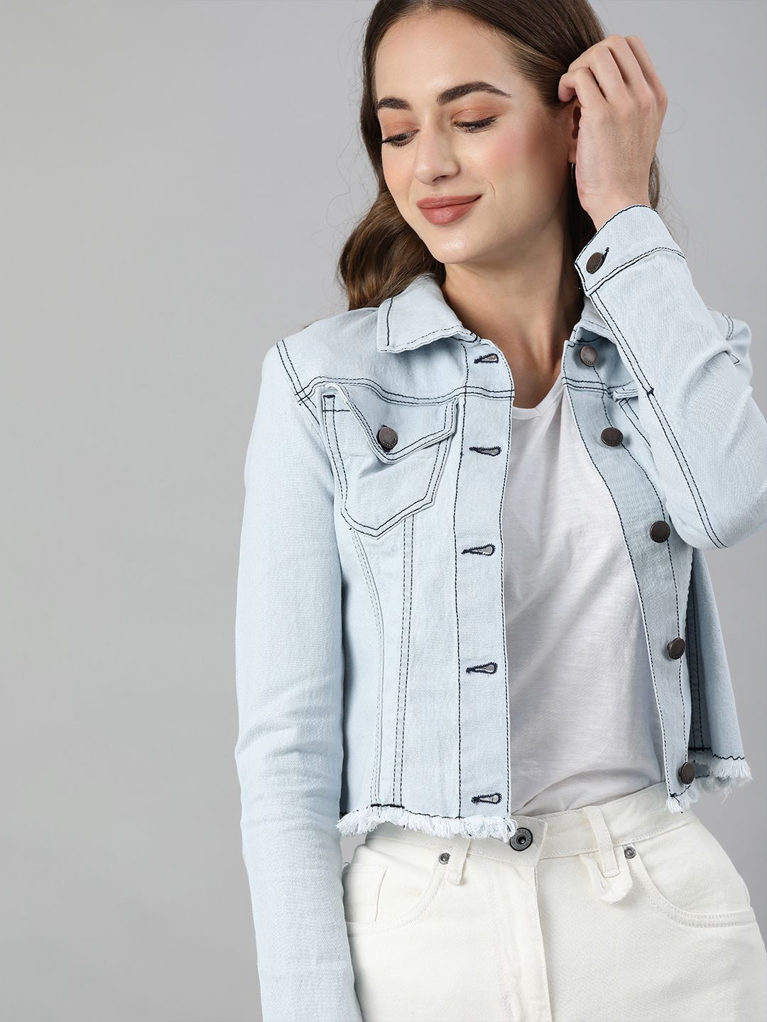 HERE&NOW Women Blue Solid Crop Denim Jacket Price in India