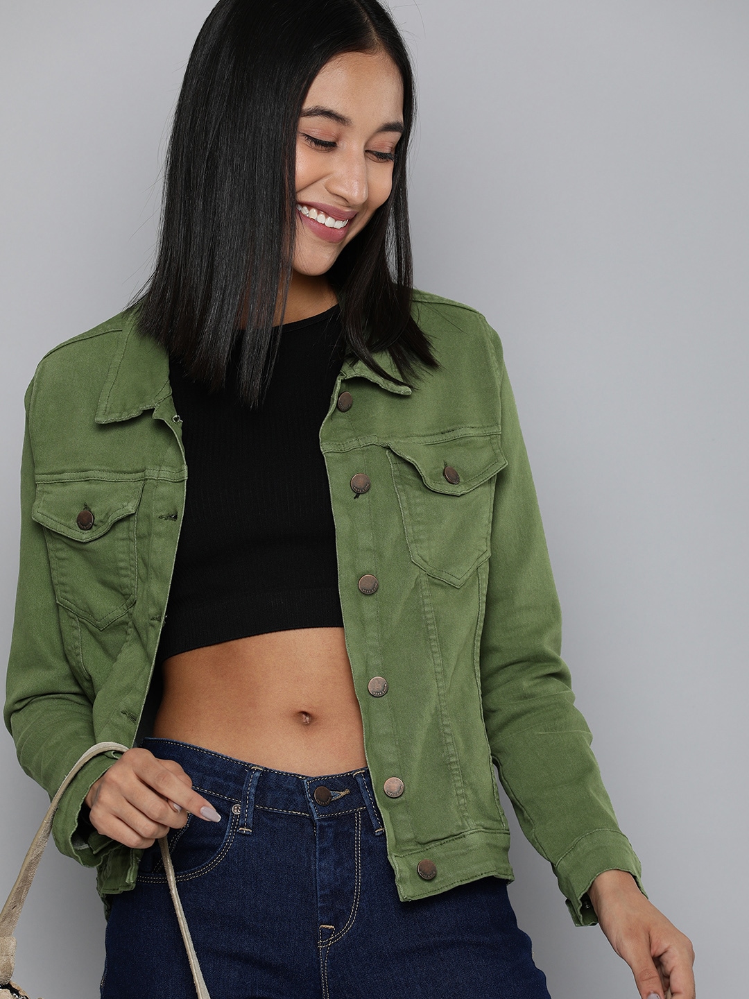 HERE&NOW Women Olive Green Denim Jacket Price in India