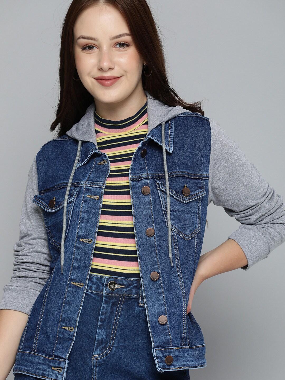 HERE&NOW Women Blue Washed Hooded Denim Jacket Price in India