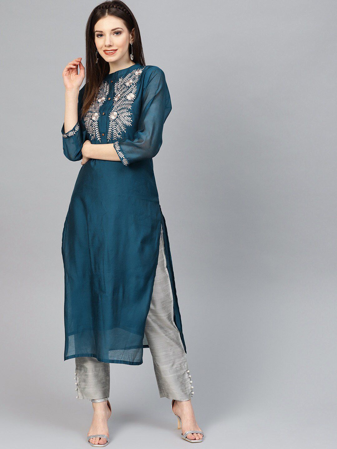 Varanga Women Navy Blue & Grey Ethnic Motifs Embroidered Handloom Kurta with Palazzos Price in India