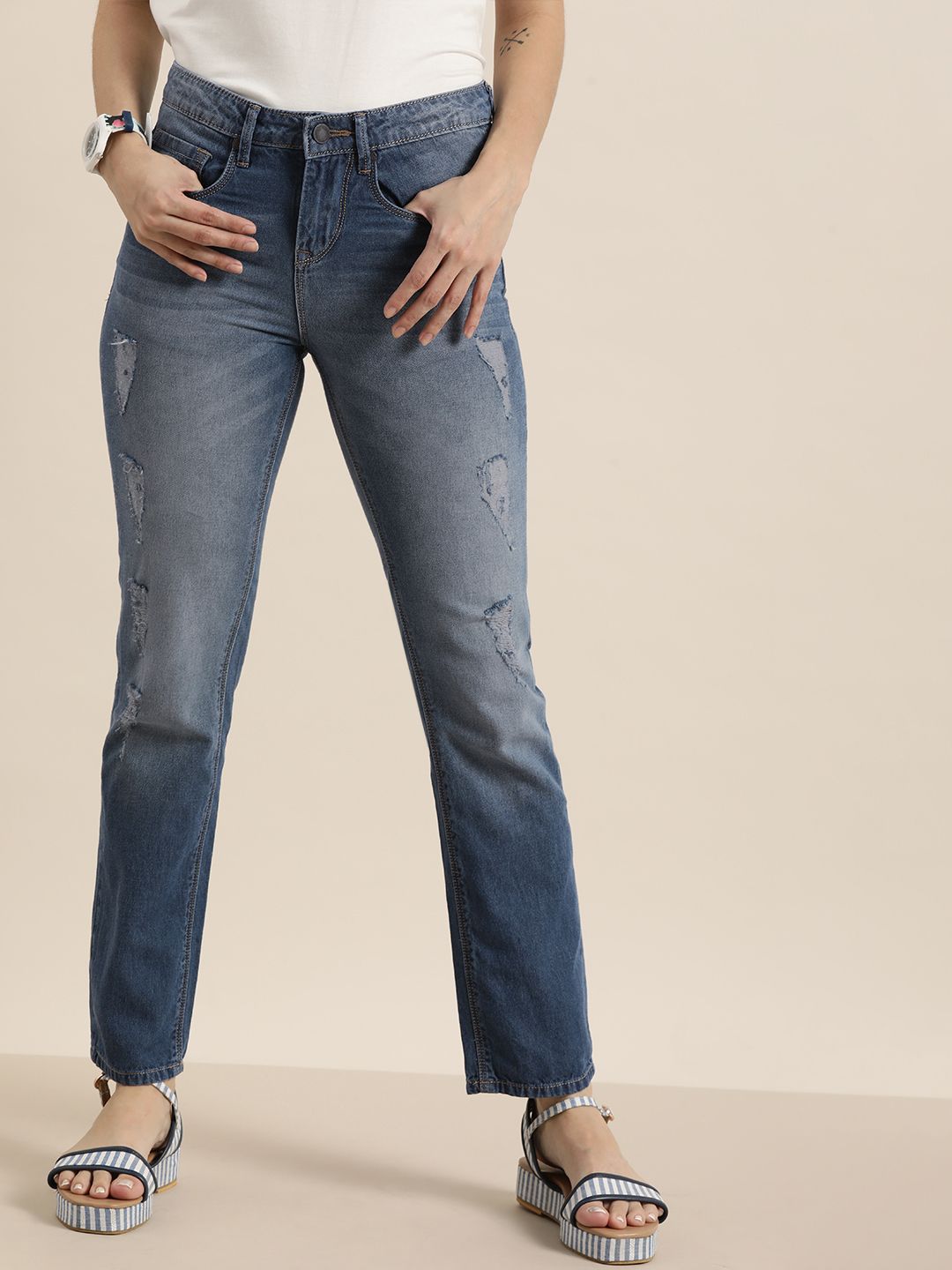 Moda Rapido Women Blue Slim Fit Highly Distressed Light Fade Jeans