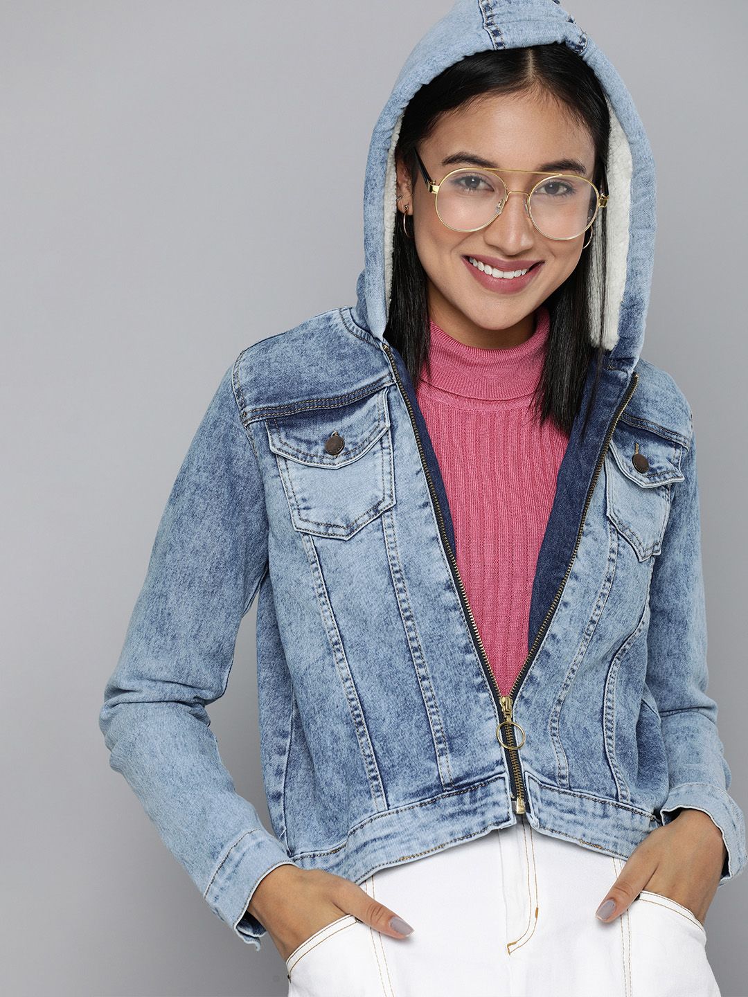 HERE&NOW Women Blue Washed Denim Jacket Price in India