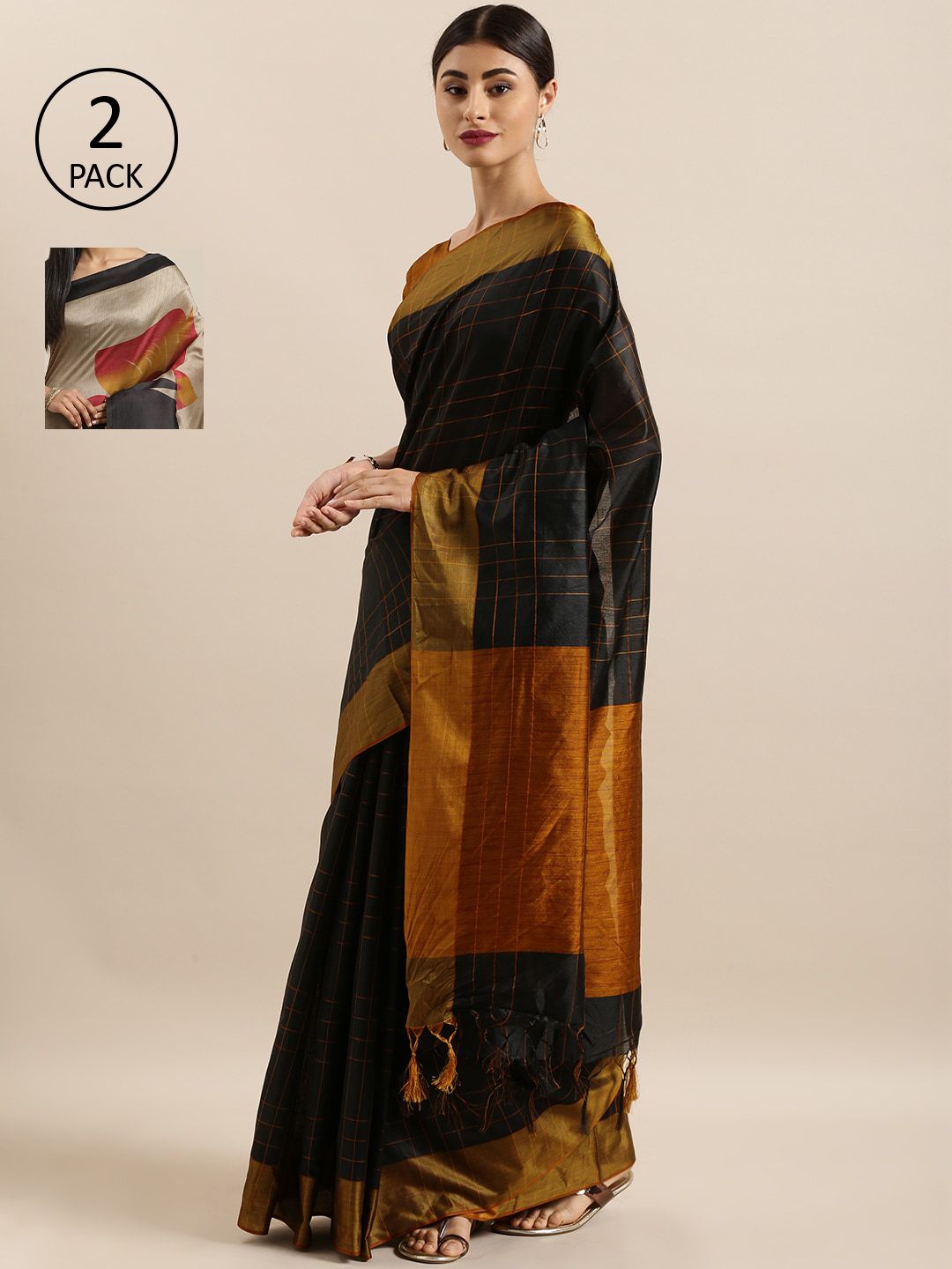 KALINI Black & Rust Art Silk Set of 2 Tussar Saree