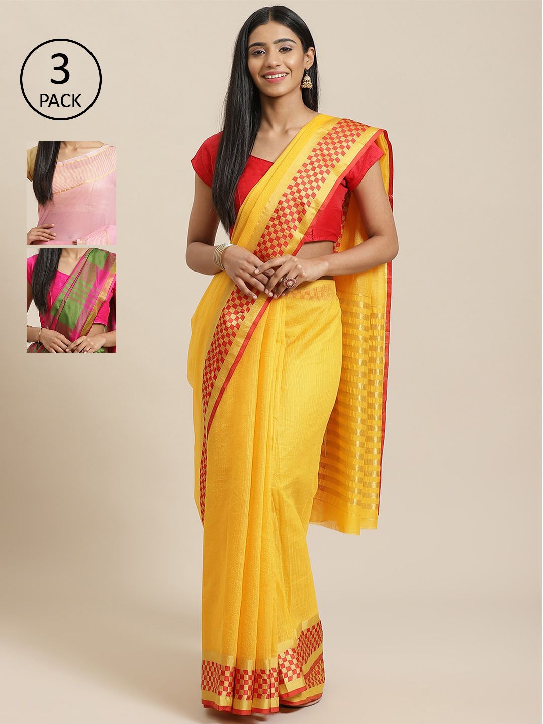 KALINI Yellow & Multicoloured Silk Cotton Set of 3 Saree