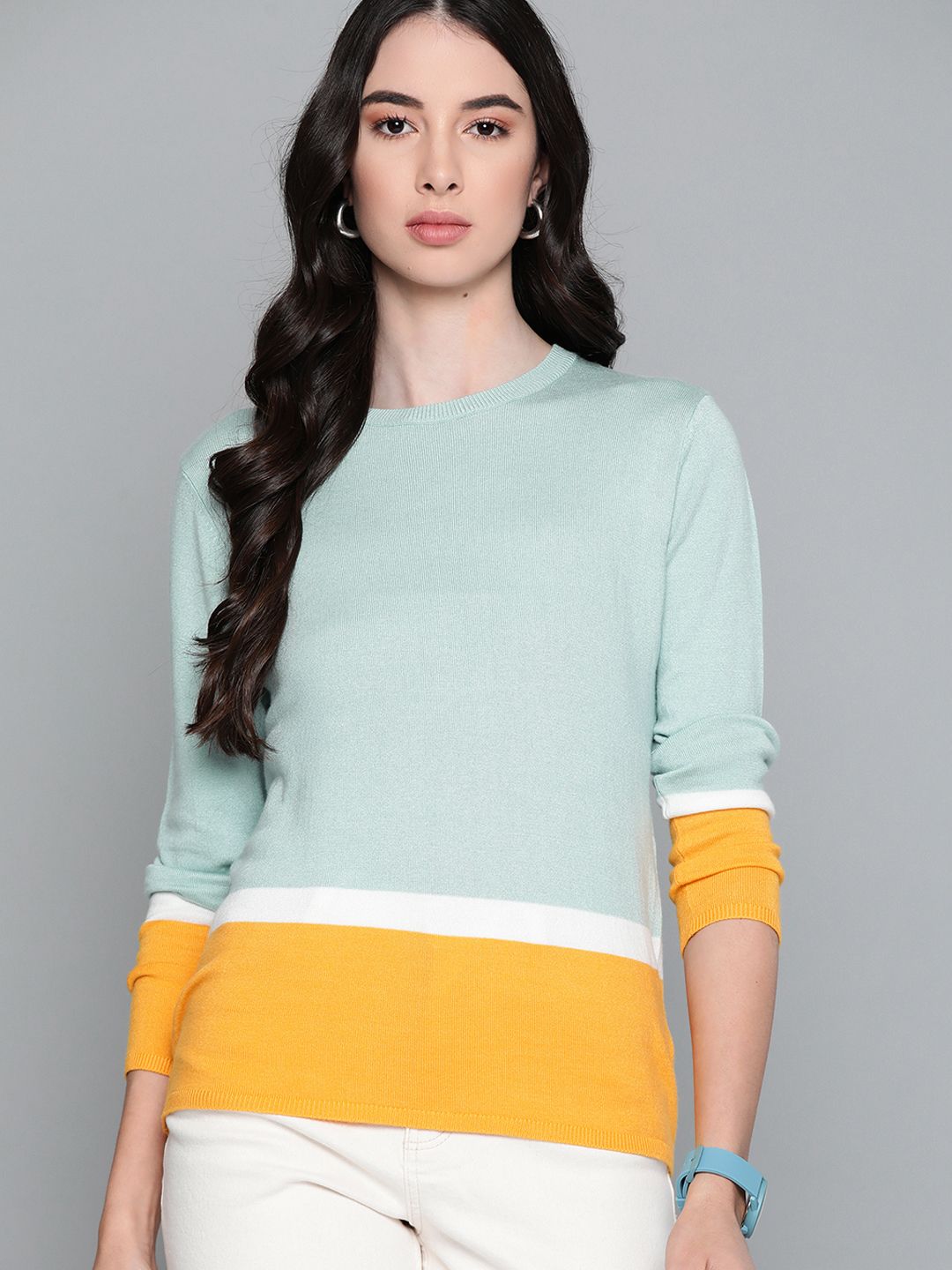 Harvard Women Blue & Mustard Yellow Colourblocked Pullover Price in India