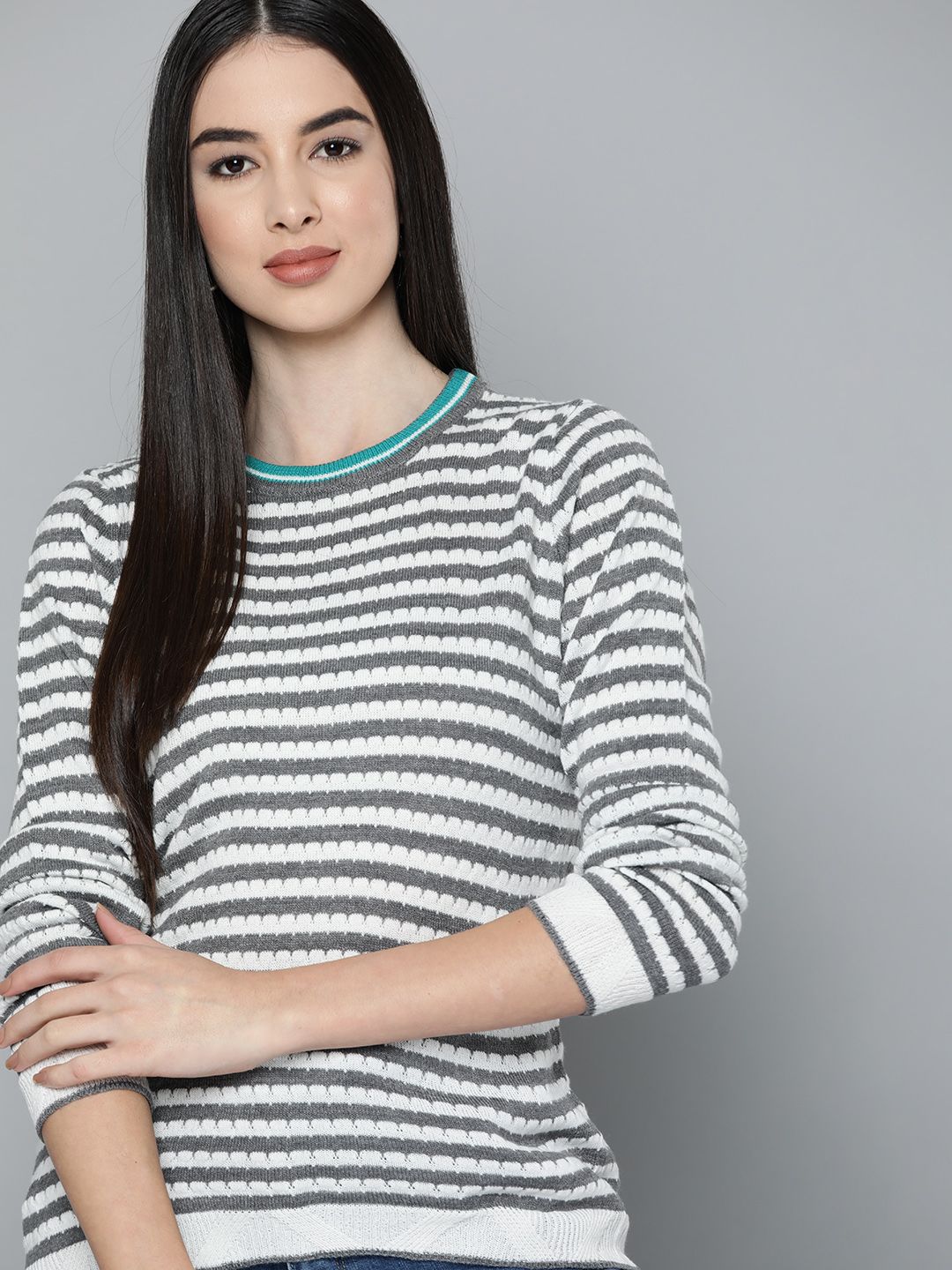 Harvard Women White & Grey Striped Pullover Price in India