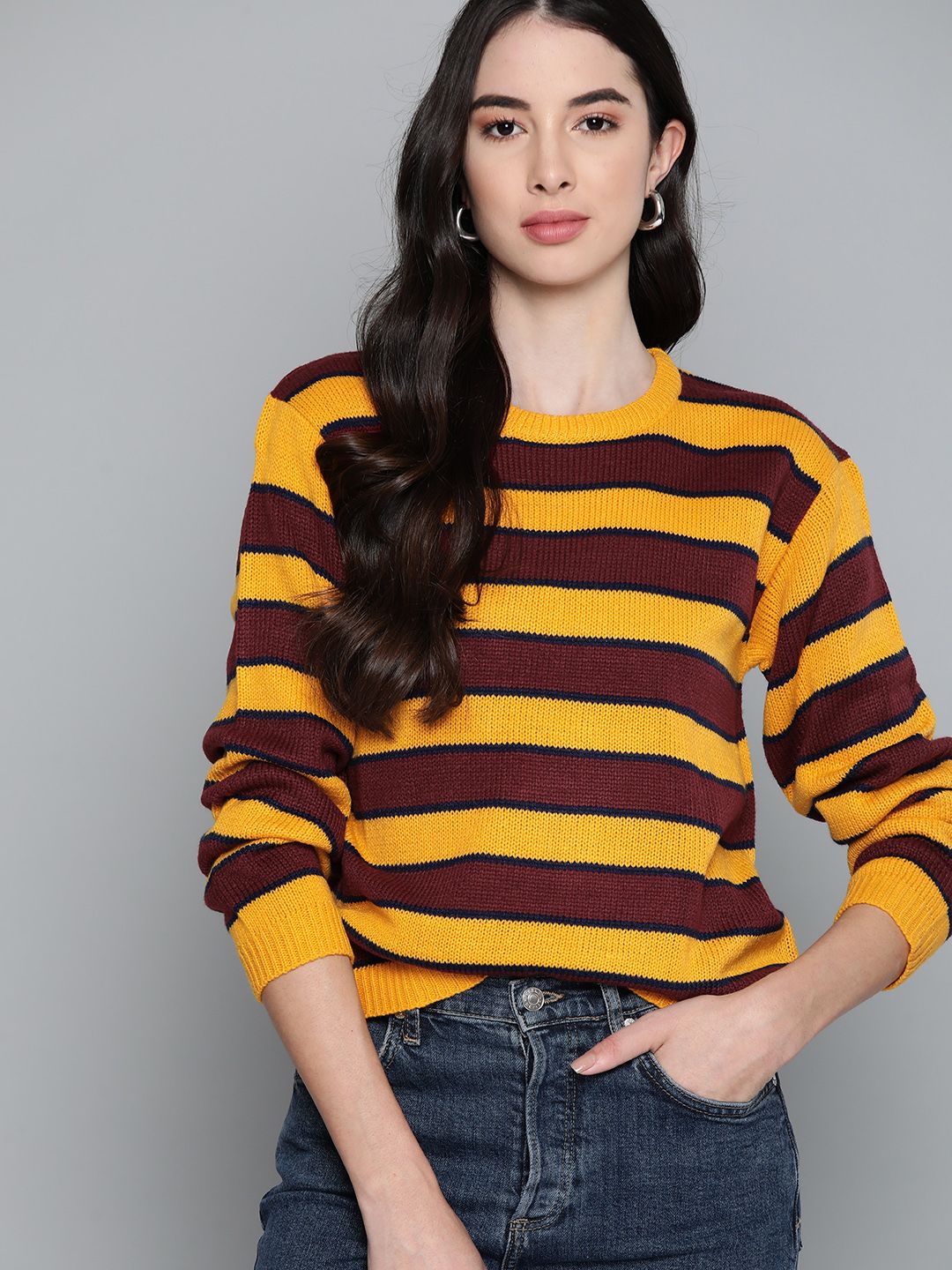 Harvard Women Yellow & Maroon Striped Pullover Price in India