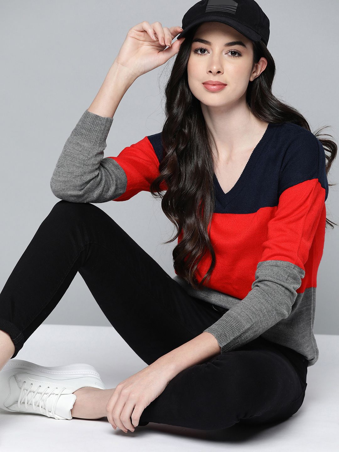 Harvard Women Red & Grey Melange Colourblocked Pullover Price in India