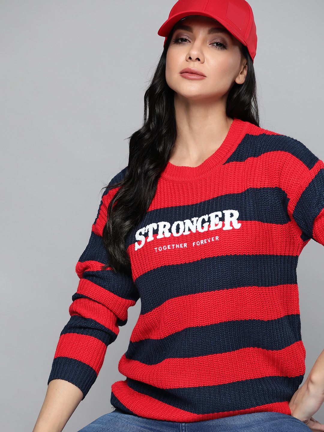 Harvard Women Red & Navy Blue Typography Striped Pullover Price in India