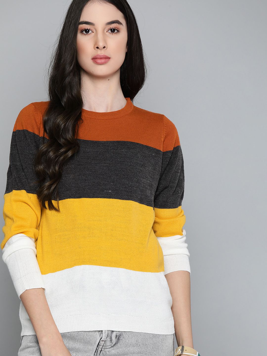 Harvard Women Mustard Yellow & Off-White Striped Pullover Price in India