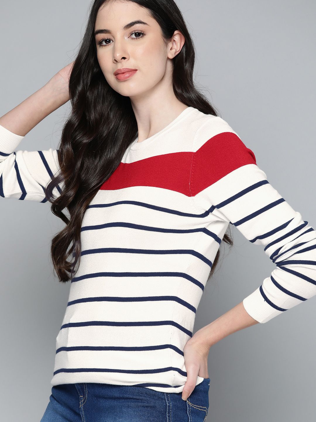 Harvard Women White & Navy Blue Striped Pullover Price in India