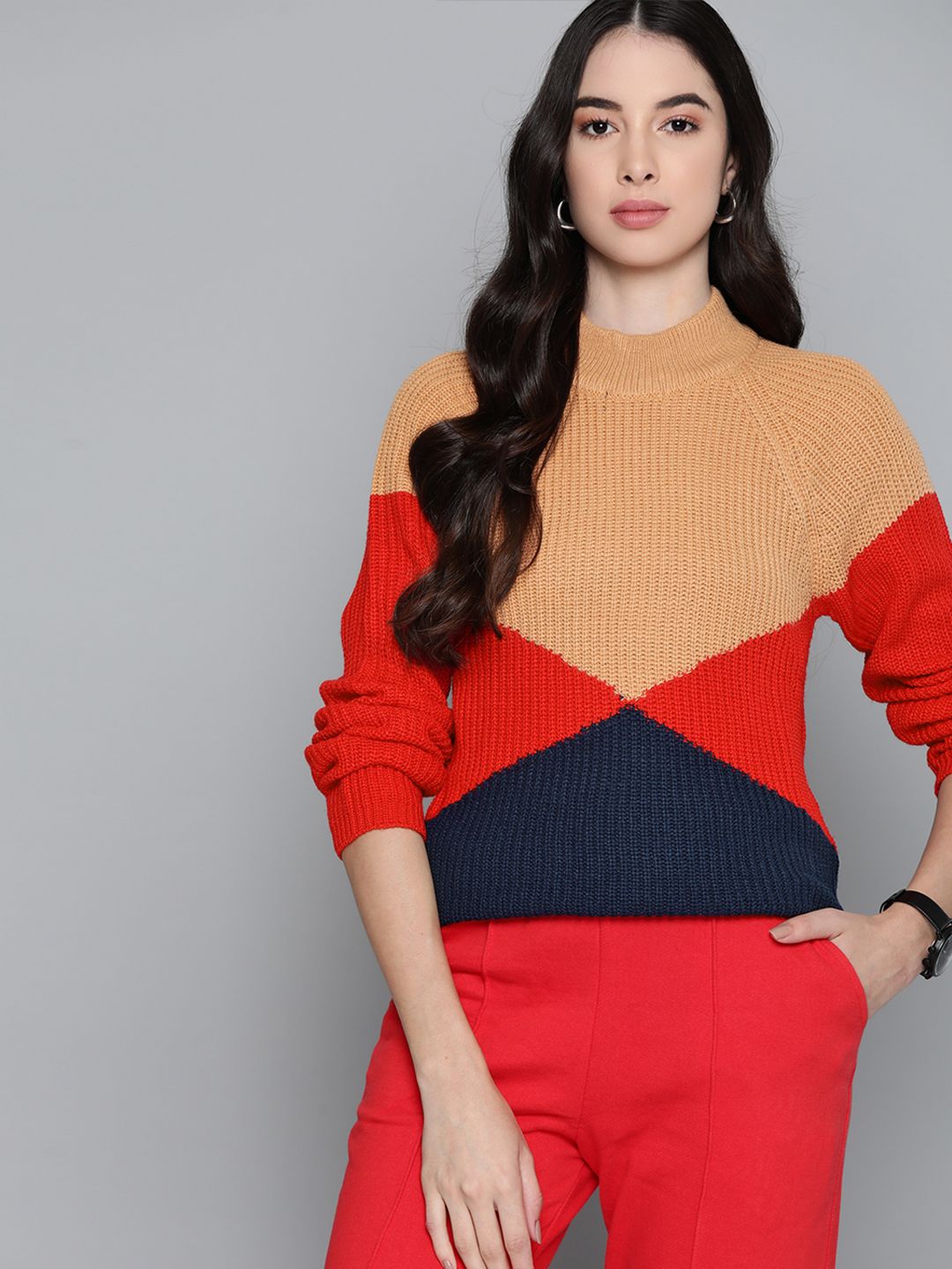 Harvard Women Peach-Coloured & Red Colourblocked Pullover Price in India