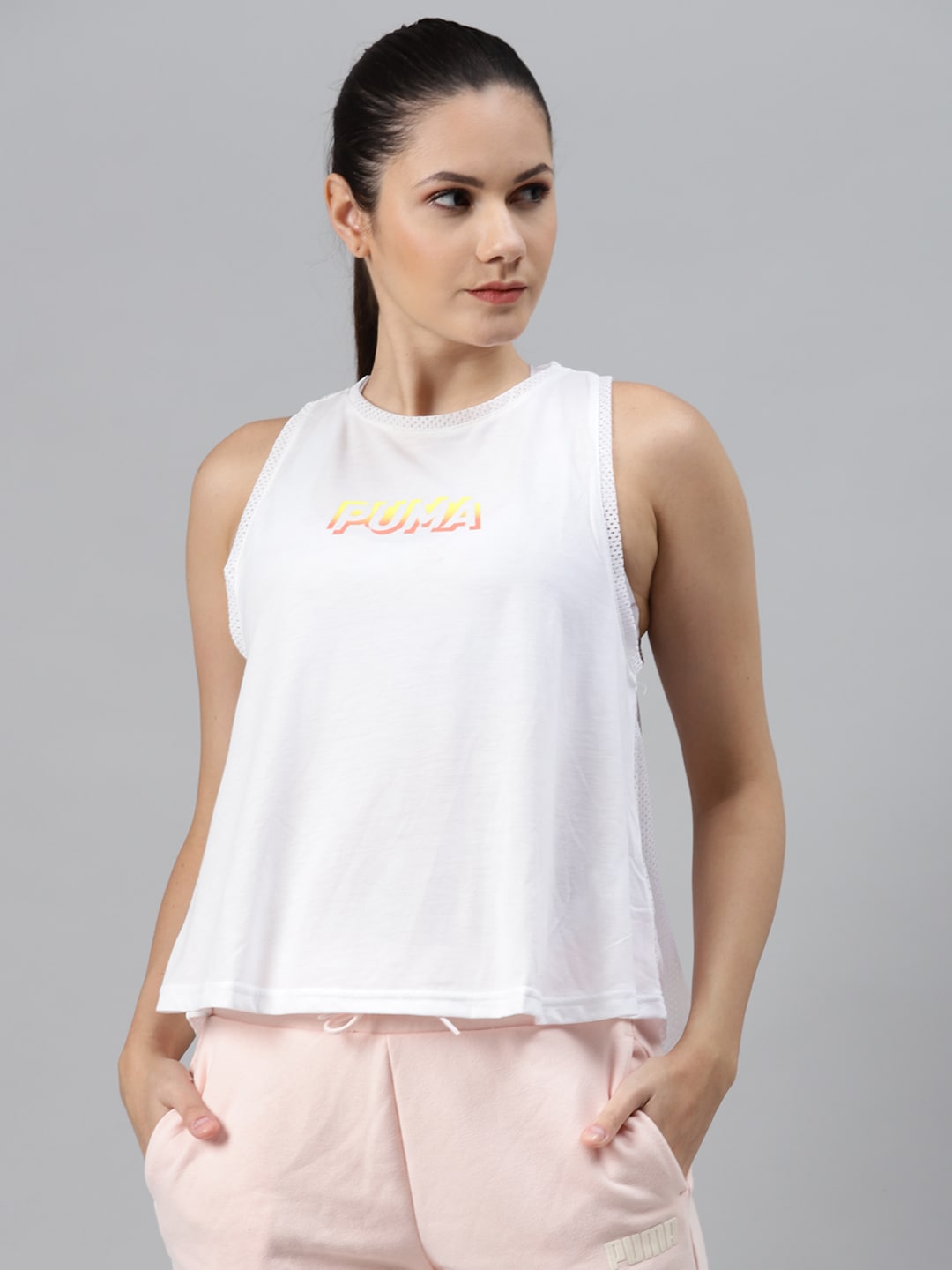Puma Women White Brand Logo Printed Modern Sports Tank T-Shirt Price in India