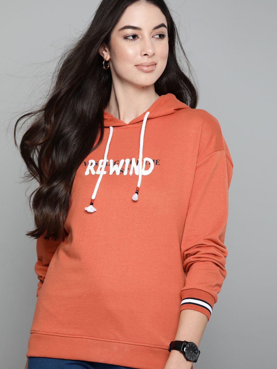 Harvard Women Rust & White Typography Print Hooded Sweatshirt with Drop Shoulder Sleeves Price in India
