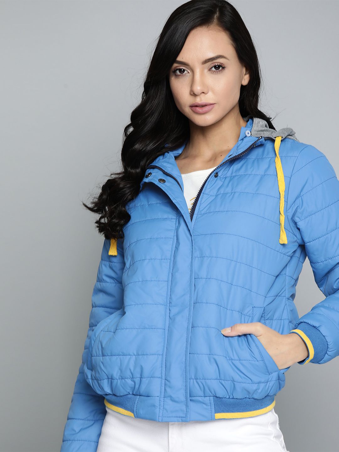 Harvard Women Blue Solid Hooded Varsity Jacket Price in India