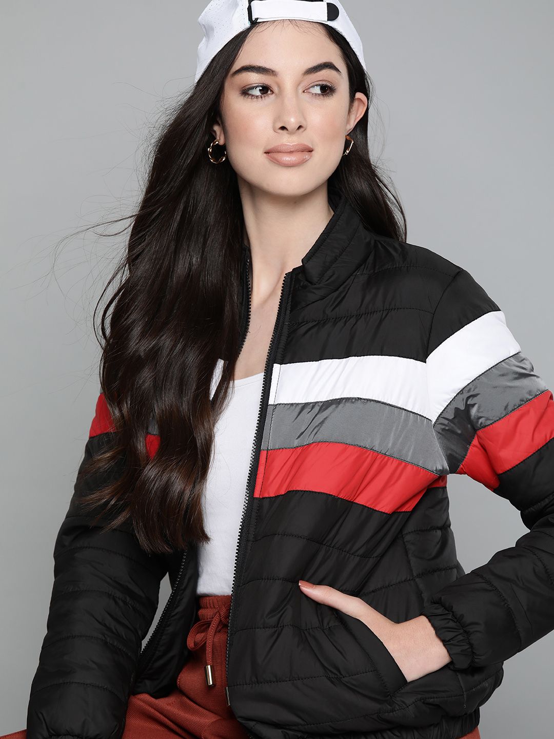 Harvard Women Black Red Striped Padded Jacket Price in India