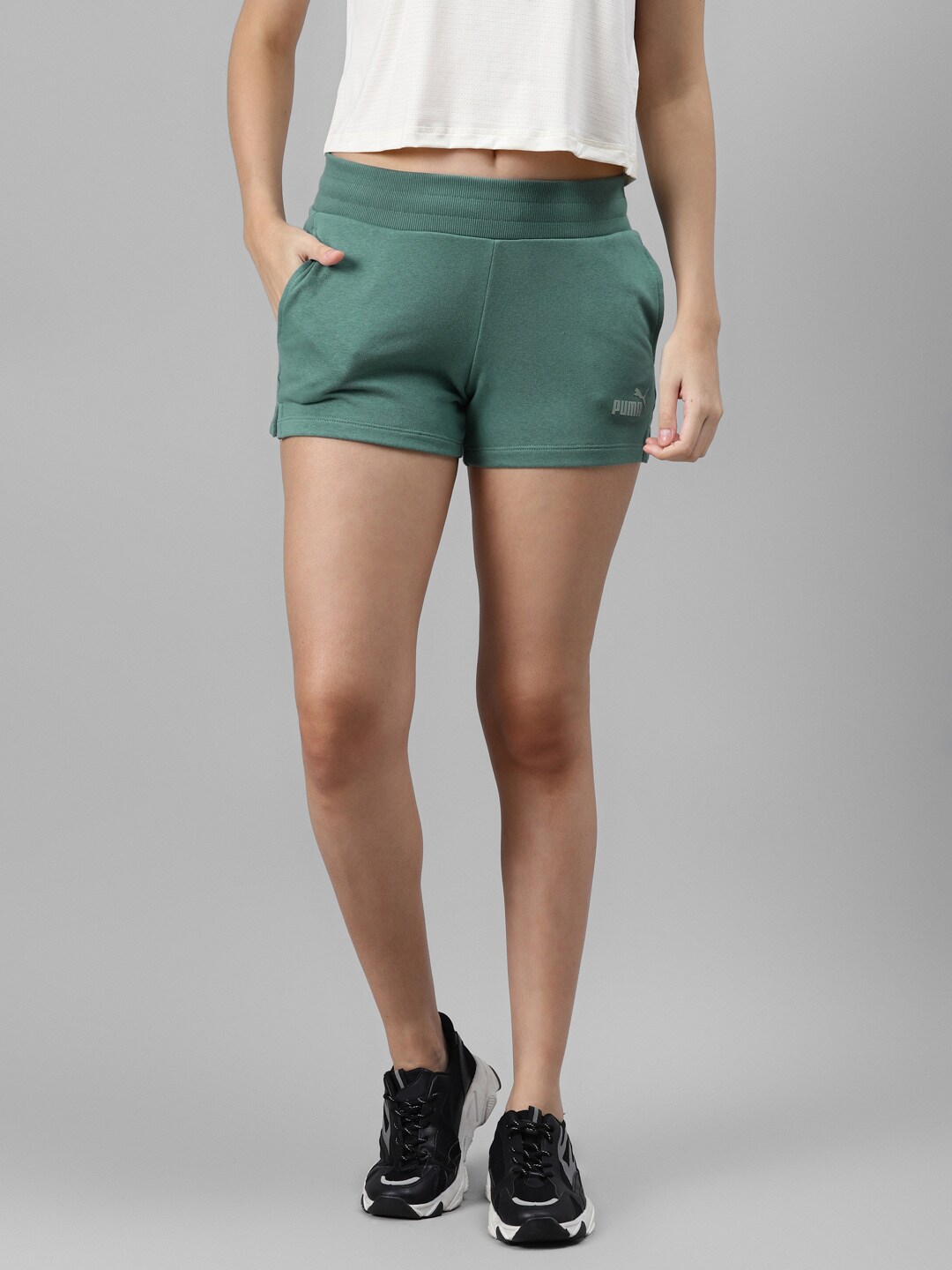 Puma Women Green Solid ESS 4" Sweat Sports Shorts Price in India