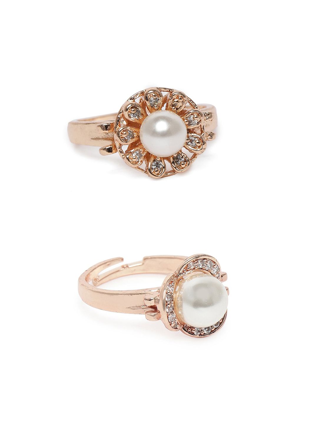 Zaveri Pearls Set Of 2 White & Rose Gold-Plated CZ Studded Adjustable Finger Ring Price in India
