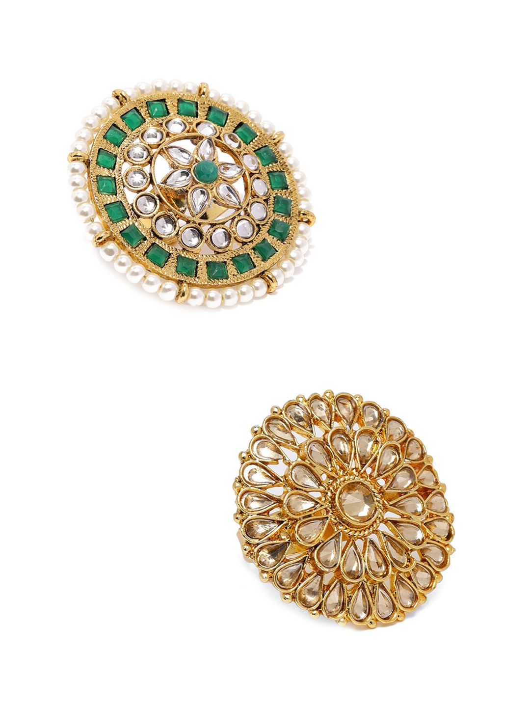 Zaveri Pearls Set Of 2 Gold-Plated Kundan-Studded & Beaded Finger Rings Price in India