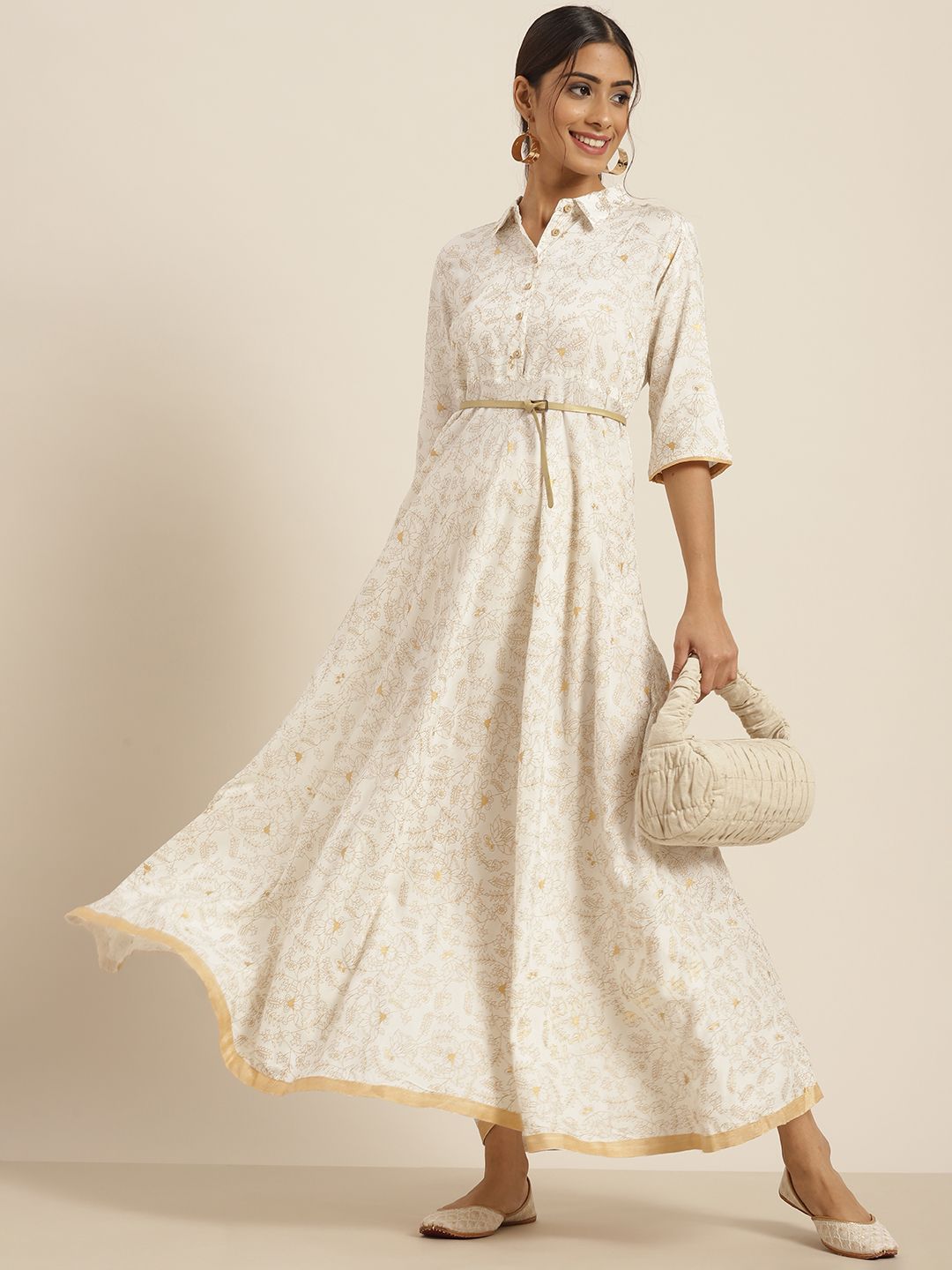 Sangria Off White & Golden Ethnic Motifs Ethnic A-Line Maxi Dress