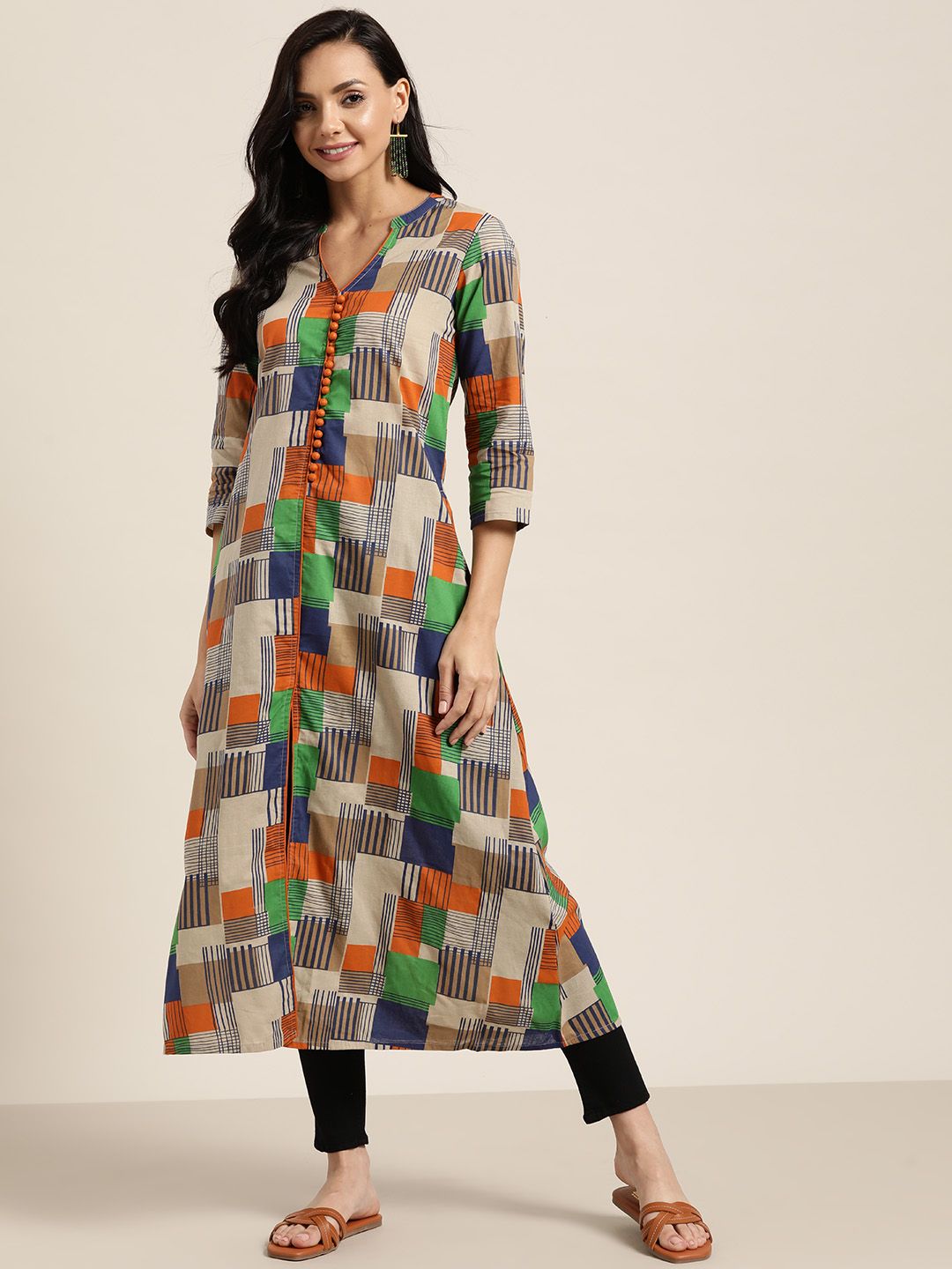 Sangria Women Beige & Orange Checked Kurta