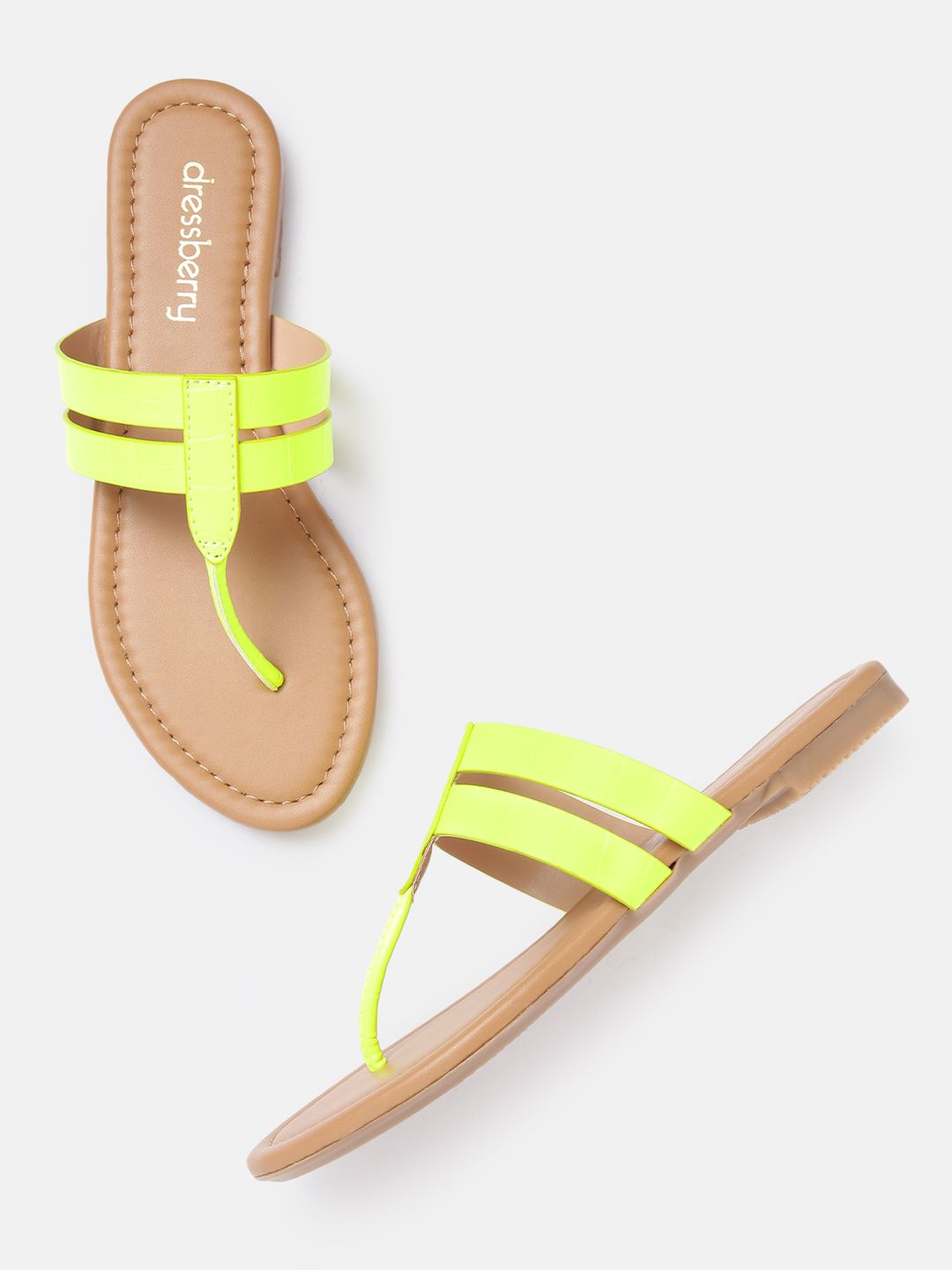 DressBerry Women Fluorescent Green Croc Textured T-Strap Flats Price in India