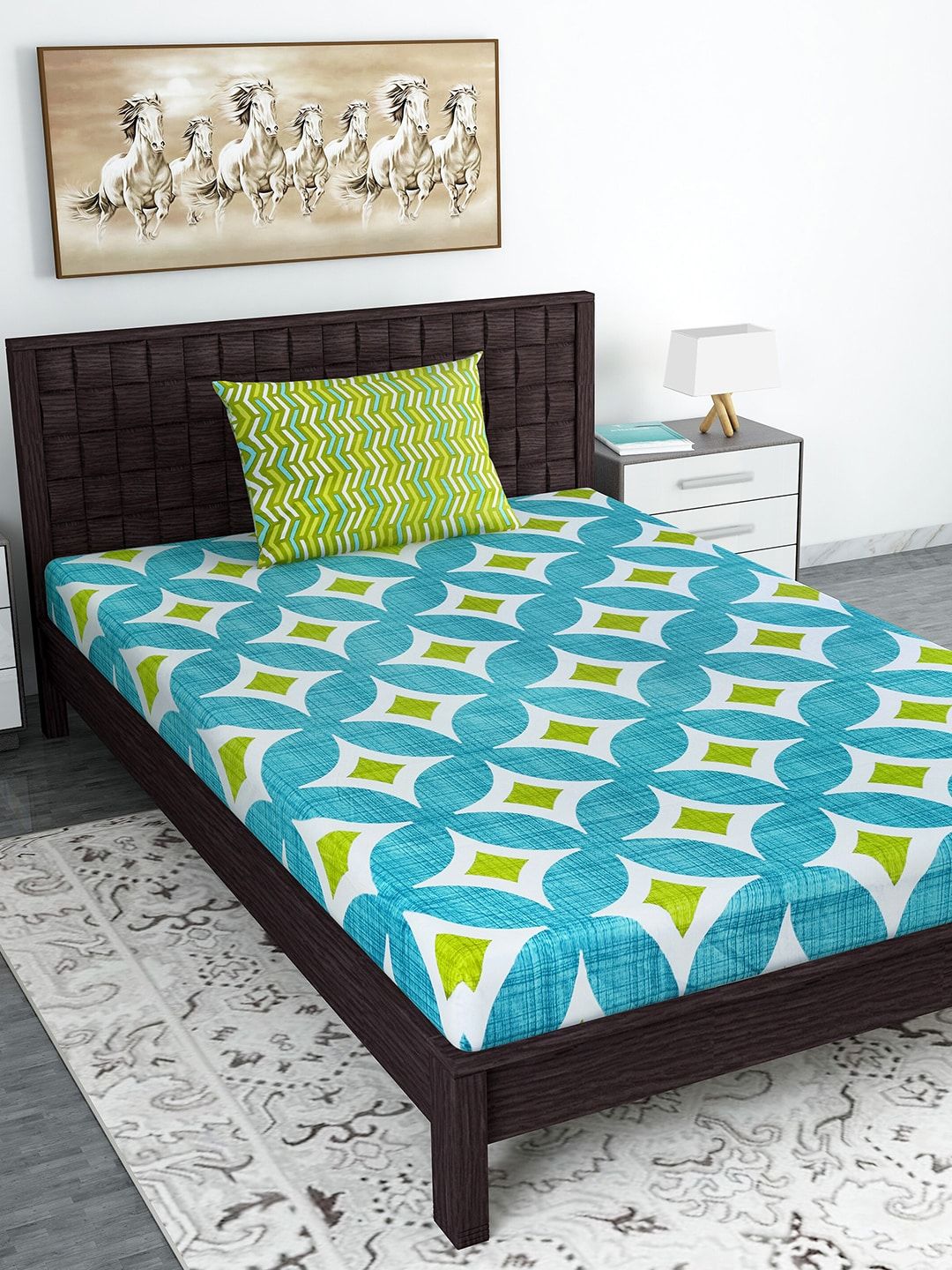 Divine Casa Turquoise Blue & White Geometric 144 TC Cotton 1 Single Bedsheet with 1 Pillow Covers Price in India