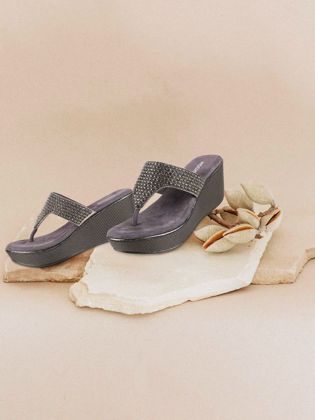 Mochi Women Grey Embellished Sandals Price in India