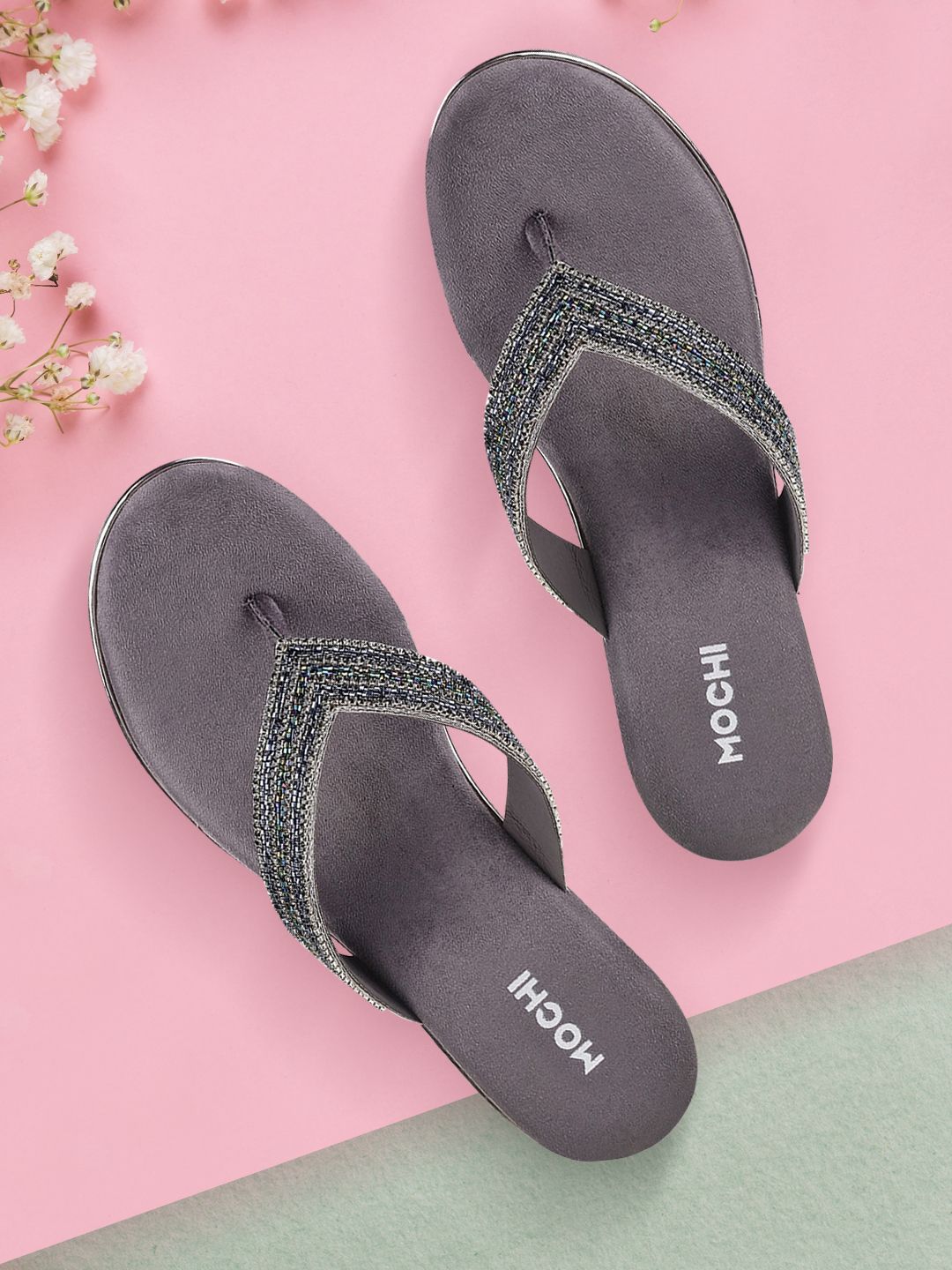 Mochi Women Grey Woven Design Sandals Price in India