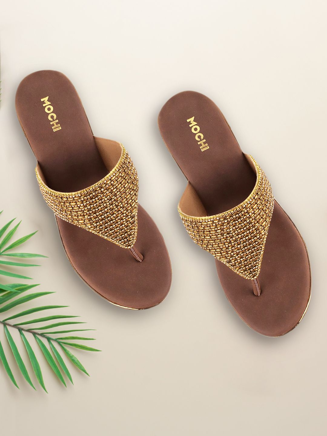 Mochi Women Gold-Toned Embellished Sandals Price in India