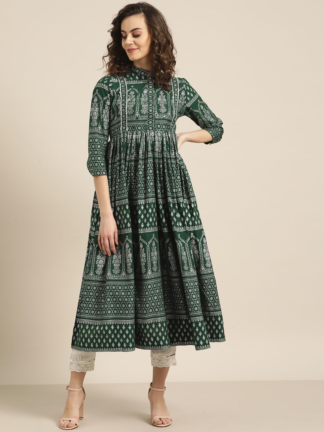 Sangria Women Green & Silver Printed Anarkali Kurta Price in India