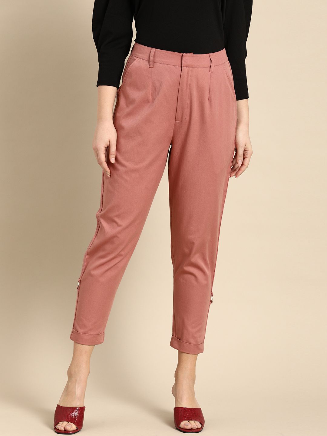 all about you Women Coral Solid Mid-Rise Regular Fit Pure Cotton Casual Trousers Price in India