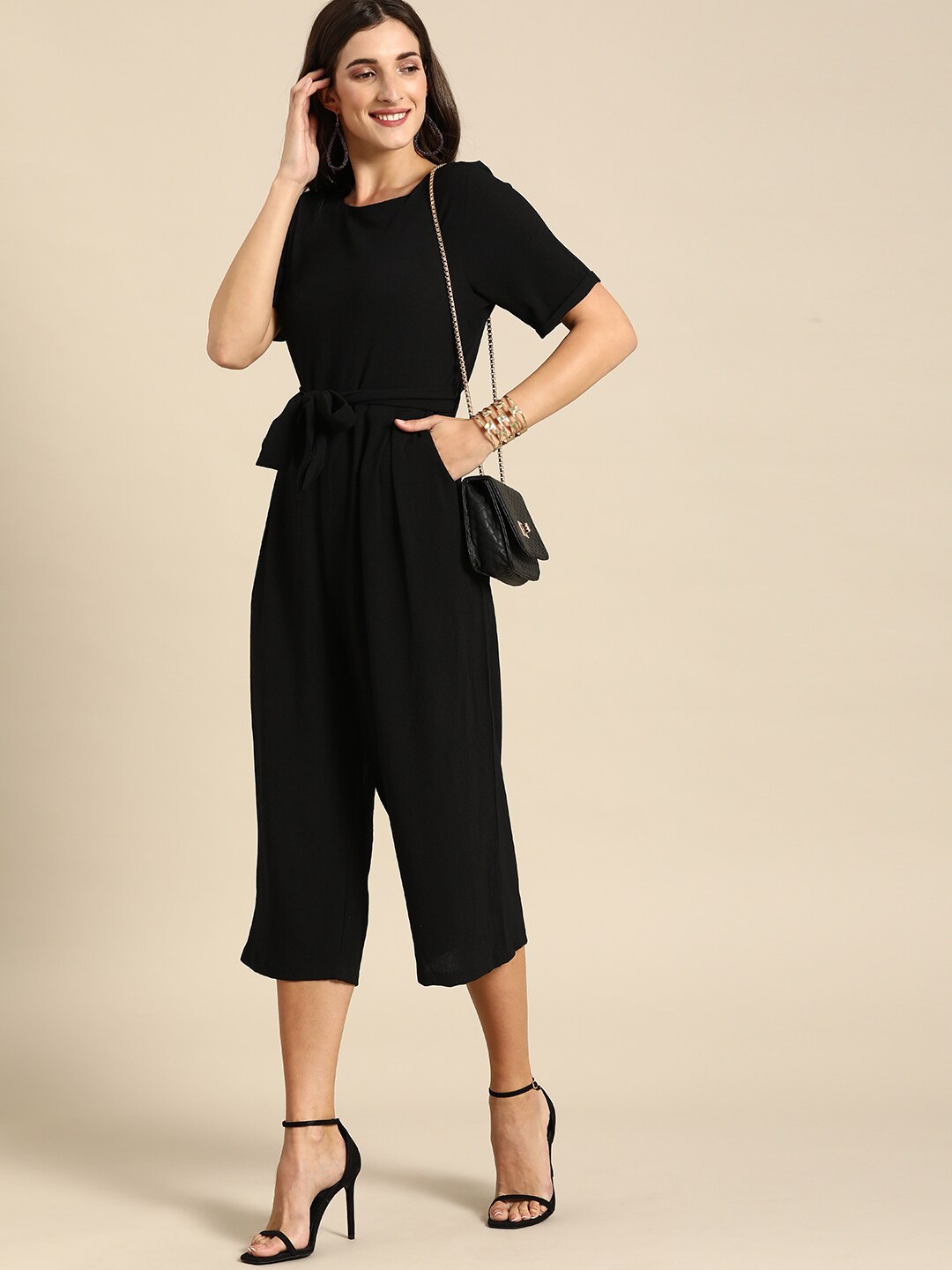 all about you Black Solid Round-Neck Basic Jumpsuit With A Belt Price in India