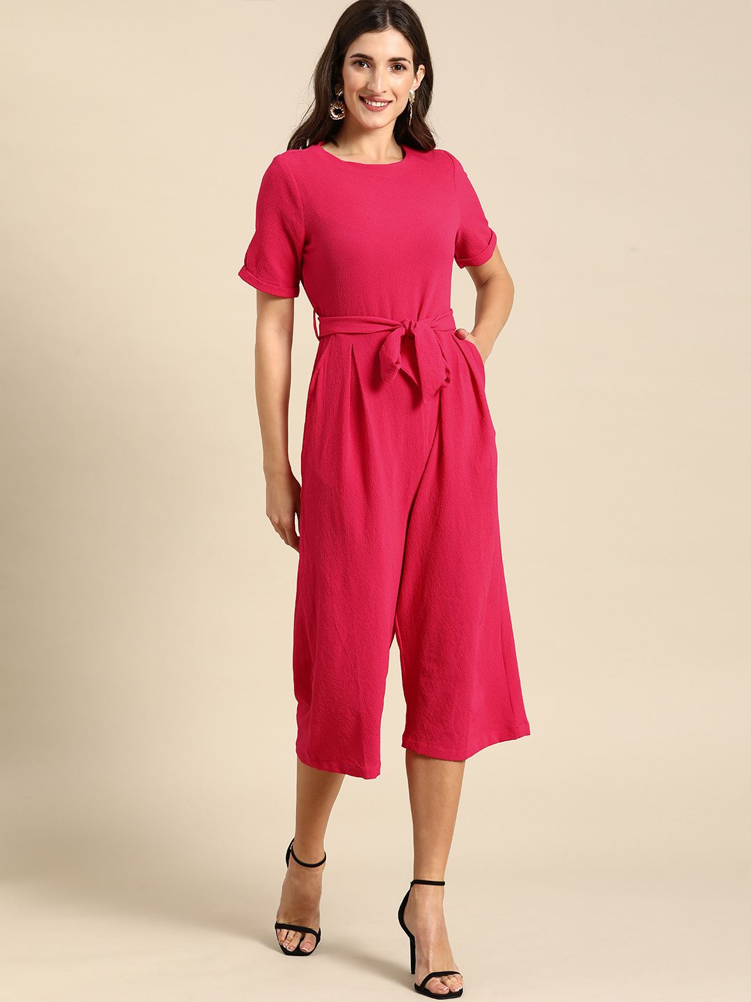 all about you Fuchsia Pink Solid Round-Neck Basic Jumpsuit With A Belt Price in India