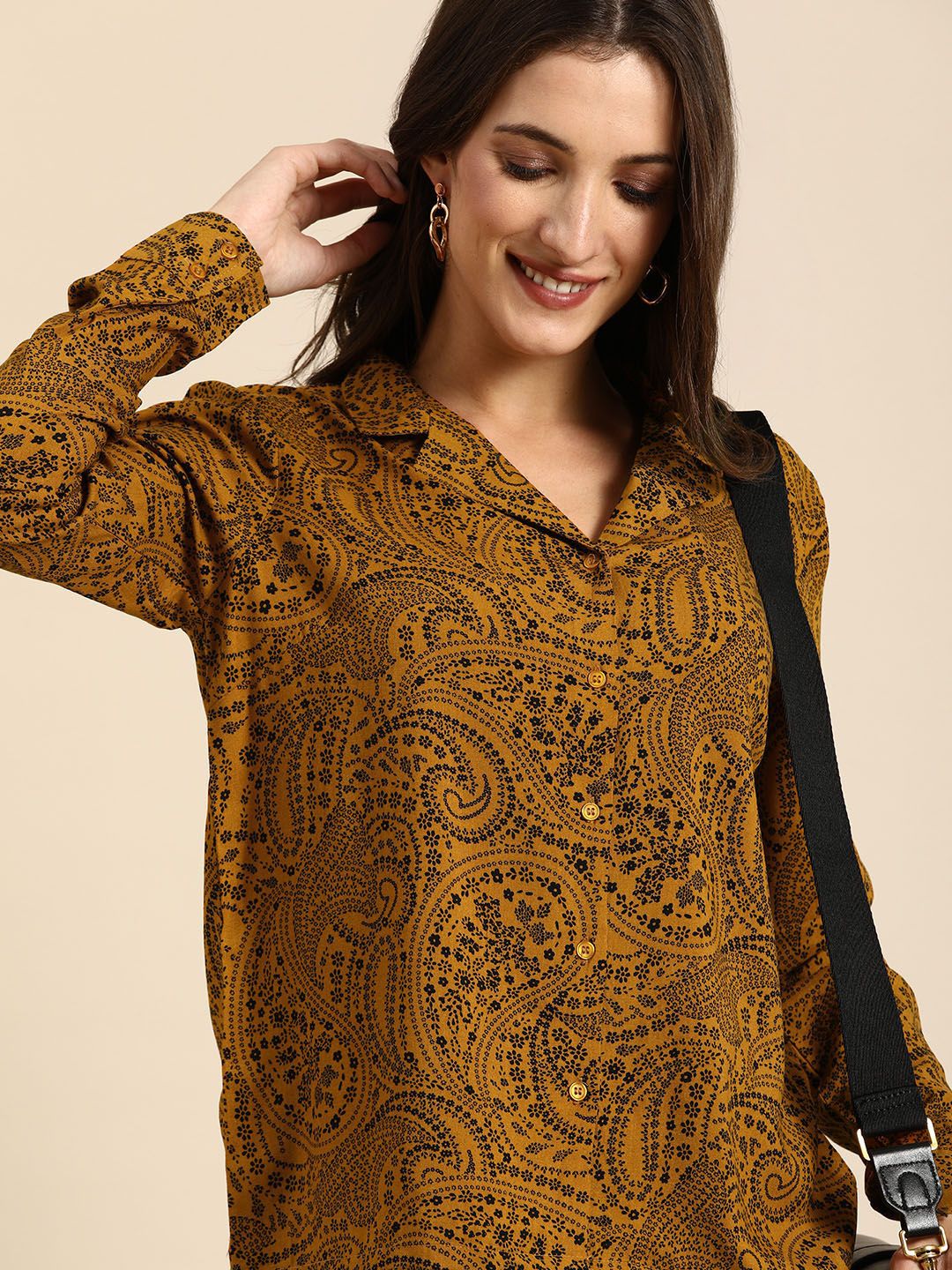 all about you Women Mustard Yellow & Black Paisley Printed Casual Shirt Price in India