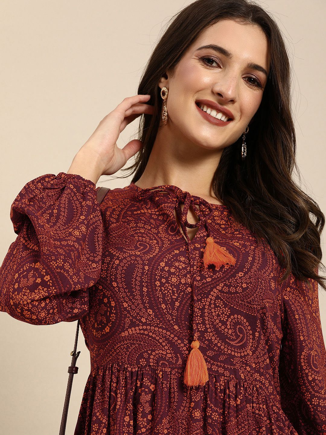 all about you Maroon & Peach-Coloured Ethnic Motifs Tie-Up Neck Fit & Flare Dress Price in India