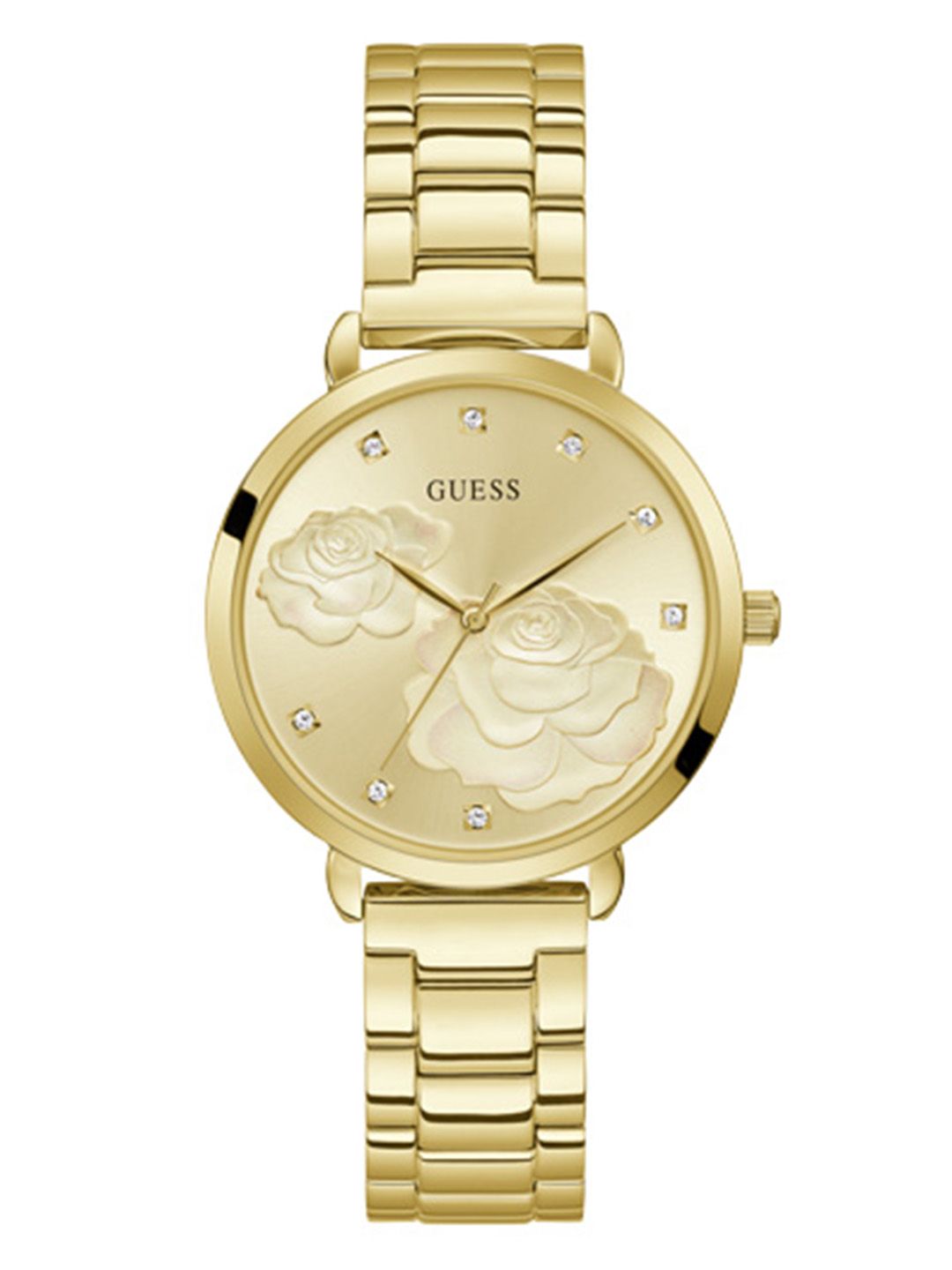 GUESS Women Gold Toned Floral Patterned Swarovski Crystal Studded Analogue Watch GW0242L2 Price in India