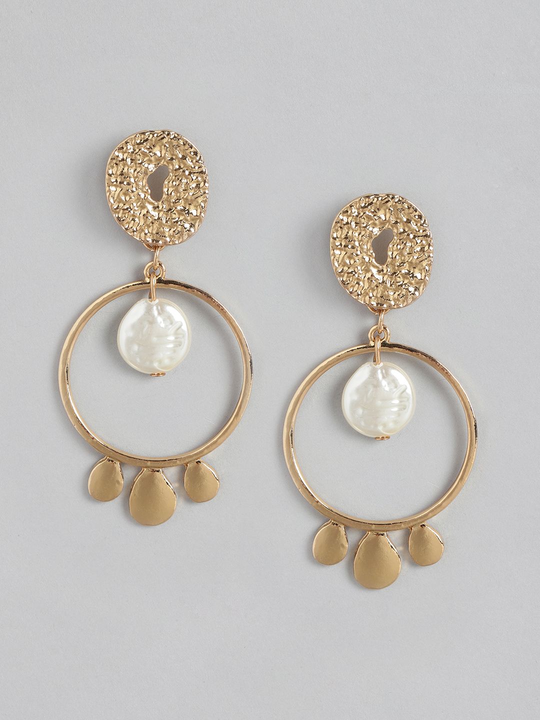 DressBerry Gold-Toned & Off-White Beaded Circular Drop Earrings Price in India
