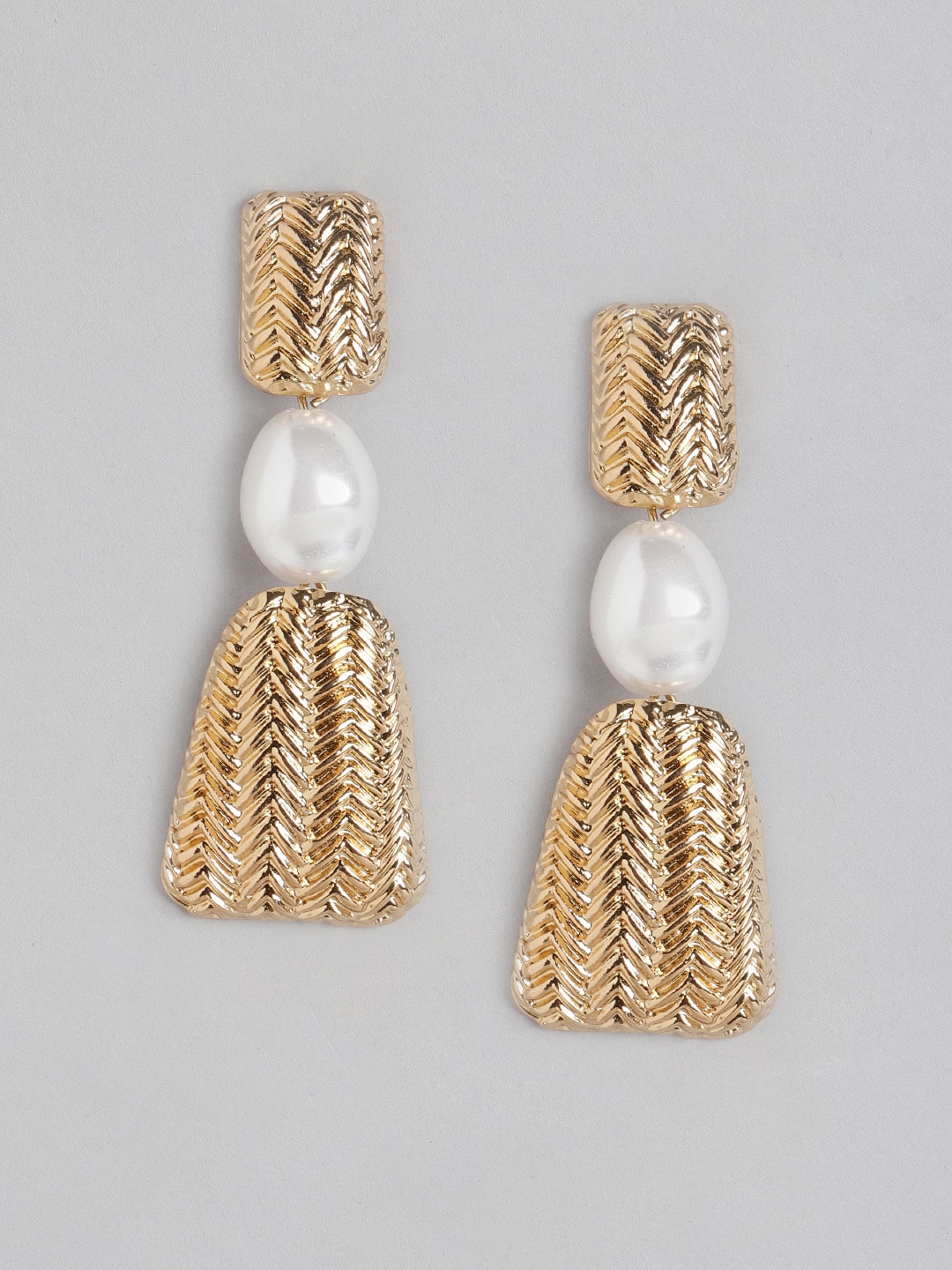 DressBerry Gold-Toned & Off White Geometric Drop Earrings with Beaded Detail Price in India