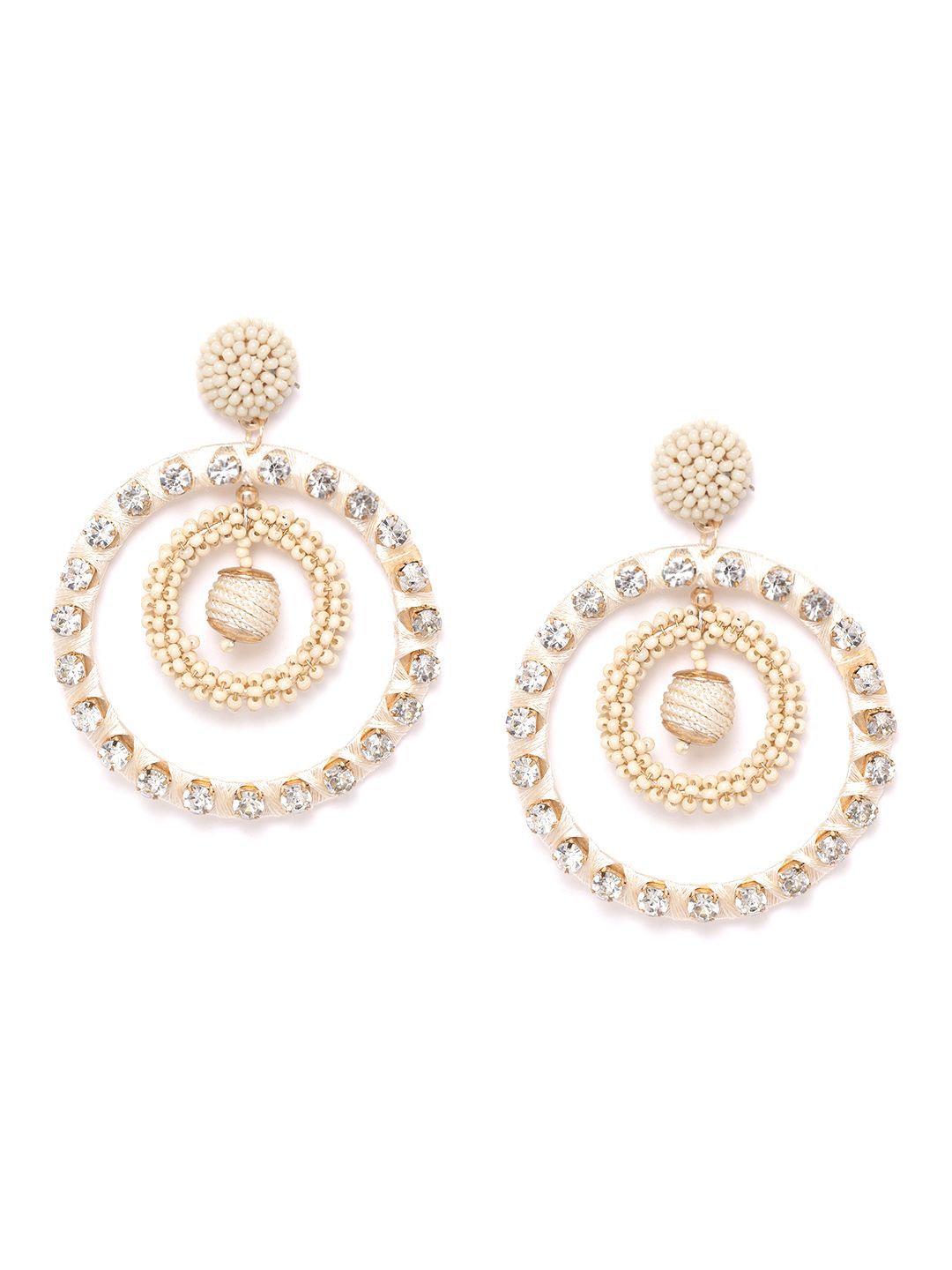 DressBerry Cream-Coloured Stone-Studded & Beaded Handcrafted Circular Drop Earrings Price in India