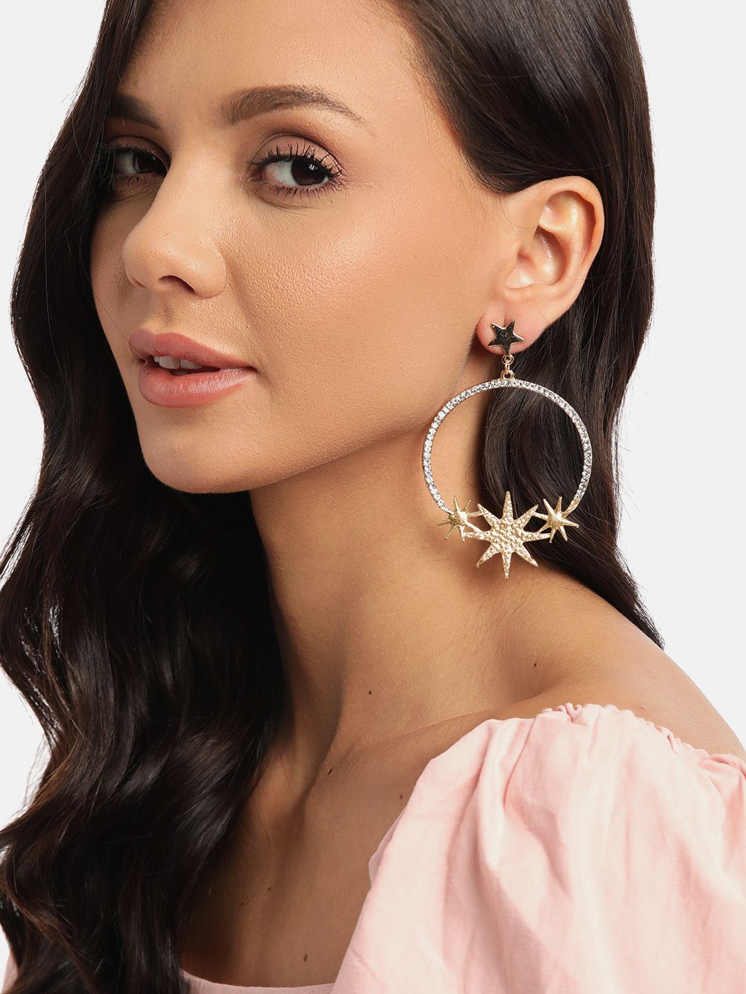 DressBerry Gold-Toned Stone-Studded Circular & Star Shaped Drop Earrings Price in India