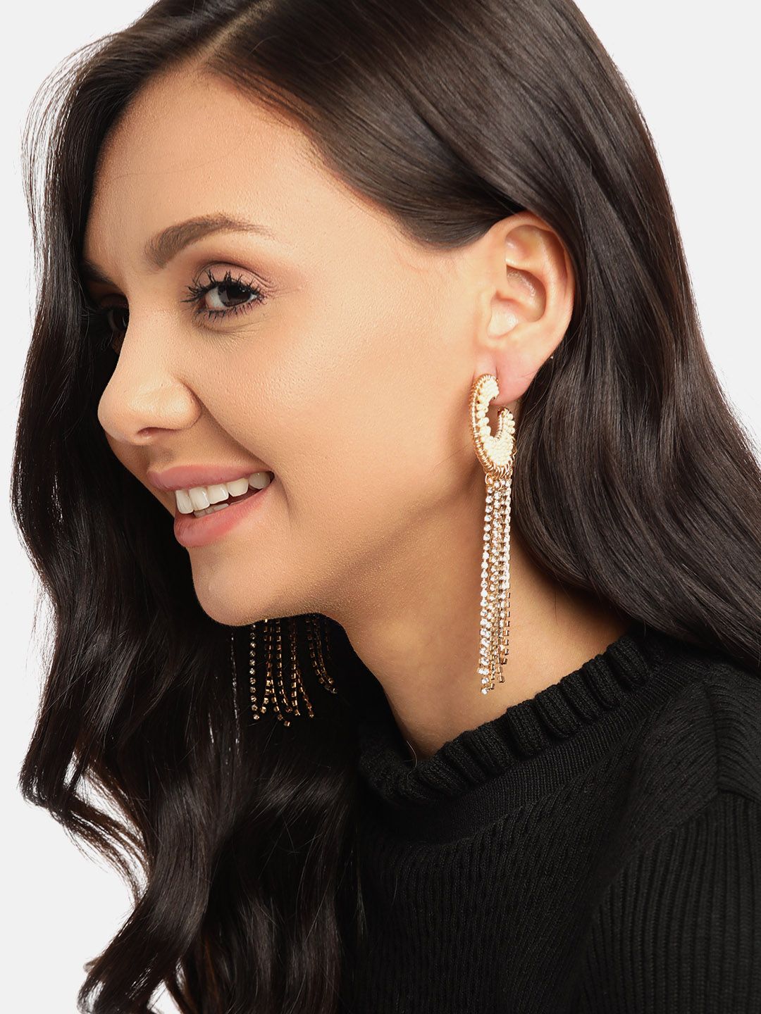 DressBerry Gold-Toned & Off-White Stone-Studded Beaded Tasselled Drop Earrings Price in India