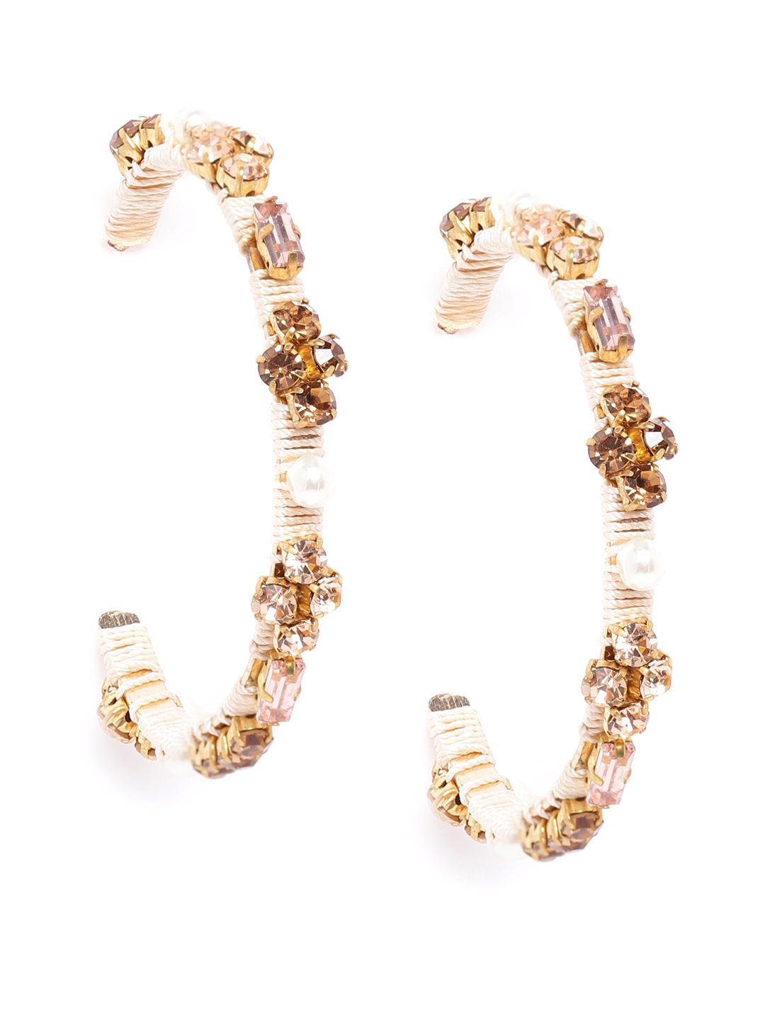 DressBerry Gold & Off White Stone Studded & Beaded Contemporary Half Hoop Earrings Price in India