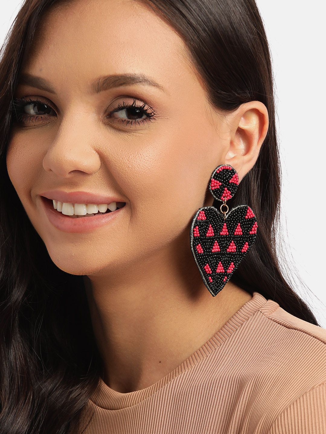 DressBerry Black & Pink Beaded Heart Shaped Drop Earrings Price in India