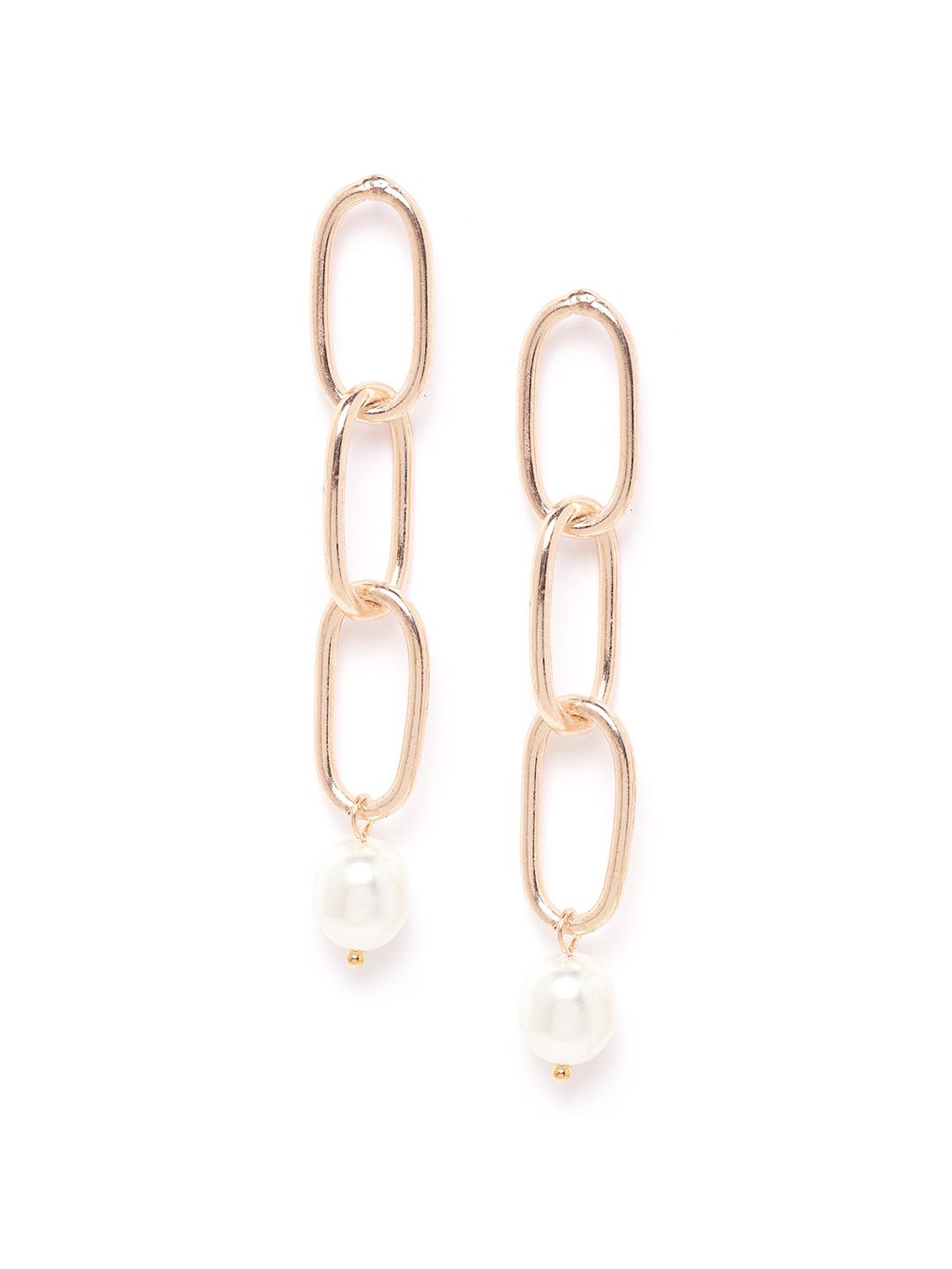 DressBerry Gold-Toned & Off-White Beaded Link Chain Geometric Drop Earrings Price in India