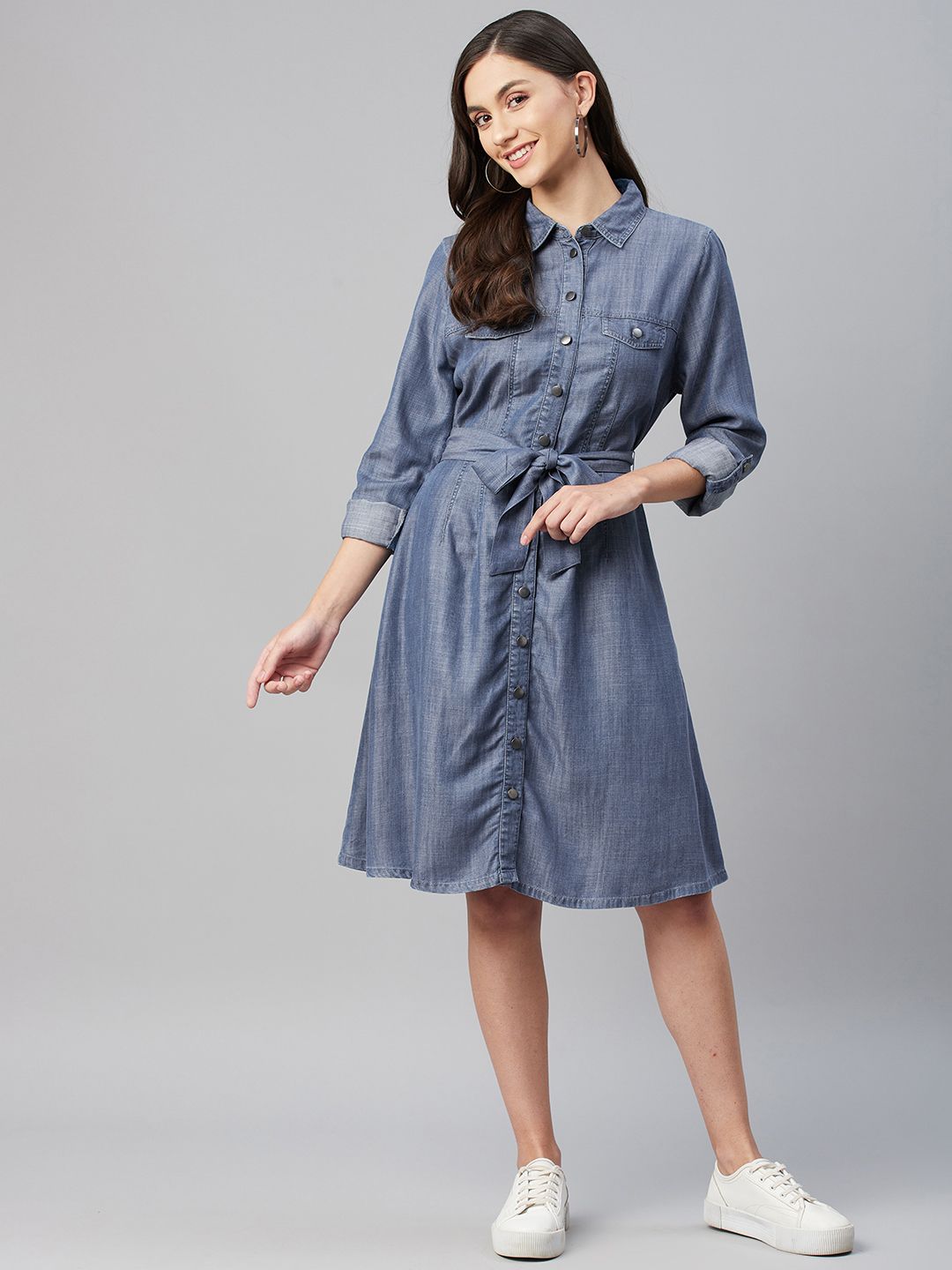 Marks & Spencer Women Blue Solid Denim Shirt Dress with Belt Price in India
